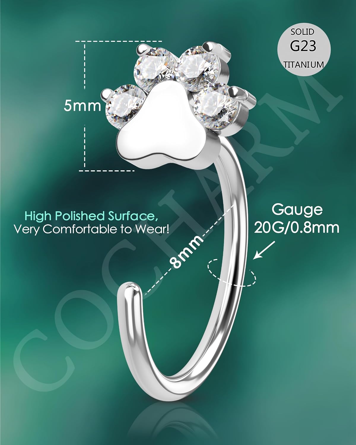 COCHARM G23 Titanium Half Hoop Nose Rings 20g Dog Paw Print Nose Ring Hoops 8mm 10mm Silver Black Surgical Steel Hoop Nose Jewelry 20 Gauge Nose Piercing for Women Man Nose Earrings
