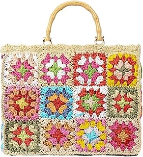 [HeyDear] かごバッグ 手織り エスニック柄 大容量 手提げげカバン ワーク 花柄 トートバッグ 夏用 リゾート 編み込み ペーパー素材 サマーバッグ 手作り 軽量 小銭 鍵 小物入れ ビーチ 旅行 ハワイ [並行輸入品]