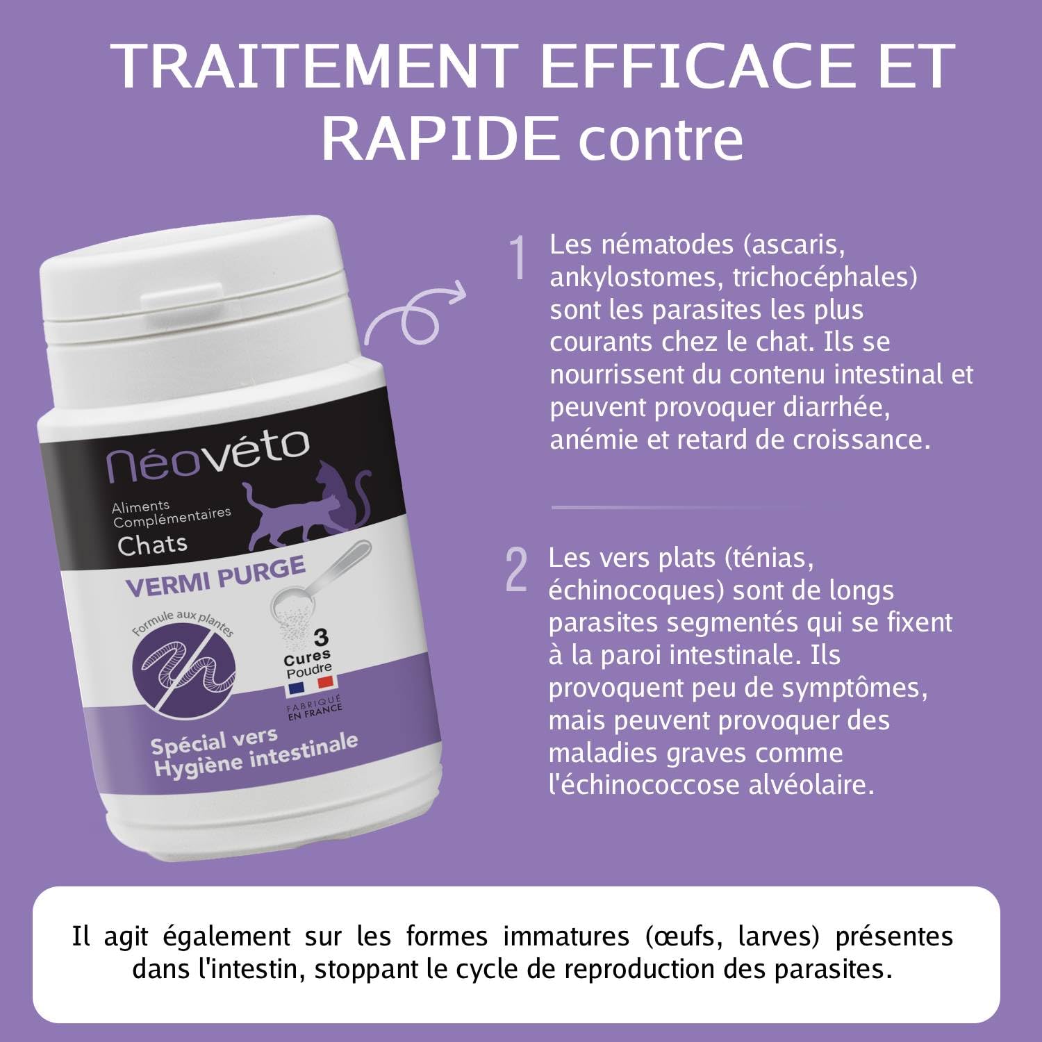 DESPARASITANTE para Gatos Antiparasitario Interno en en Polvo Natural, Ingredientes Activos autorizados por los Servicios Veterinarios Franceses