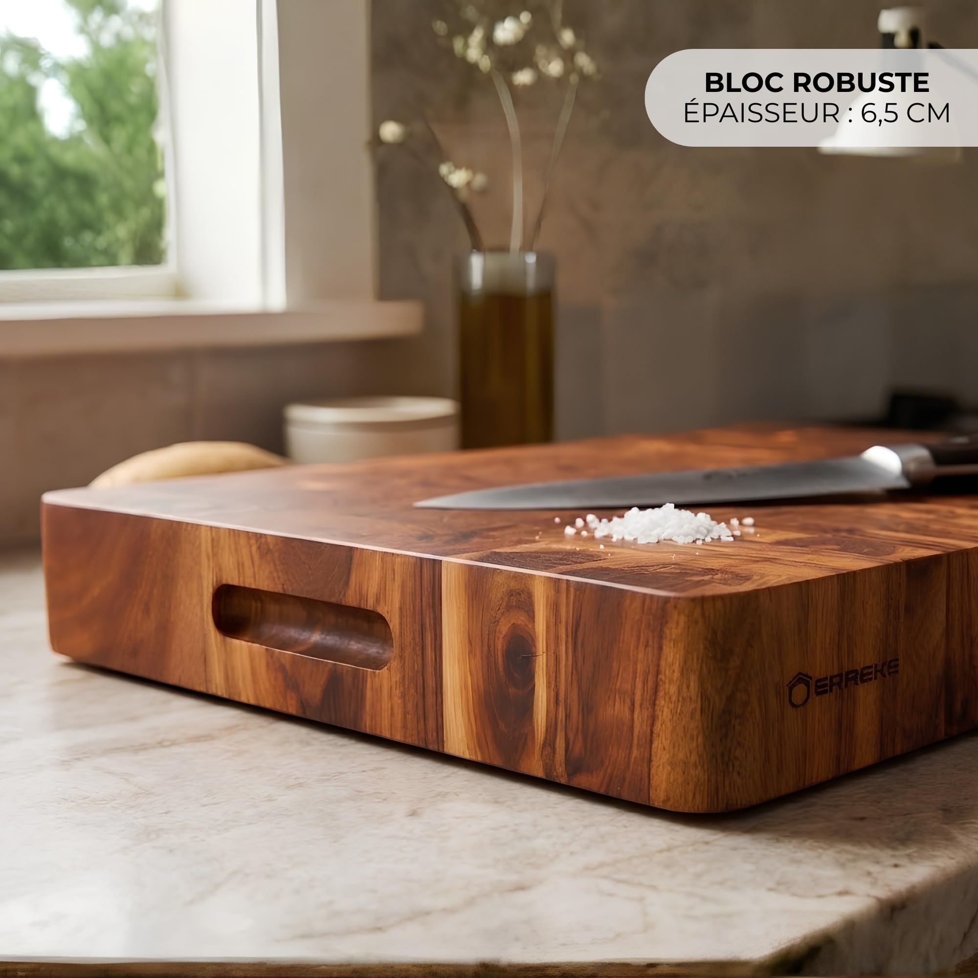 Erreke Planche en Bois d'Acacia Naturel End Grain, 50x38x6,5 cm, Résistant