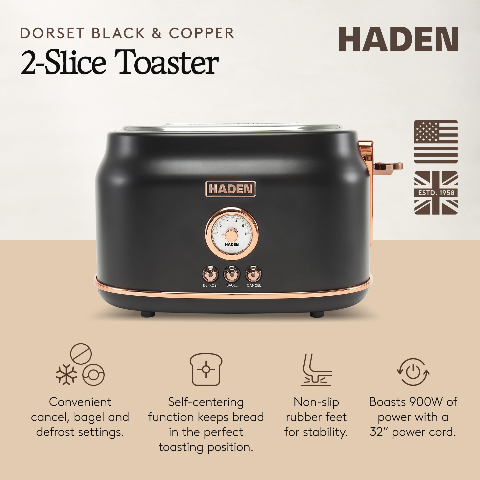 Haden Dorset 2-Slice Wide-Slot Toaster, Stainless-Steel Bread Toaster with Adjustable Browning Control, Crumb Tray & Non-Slip Feet, Black & Copper