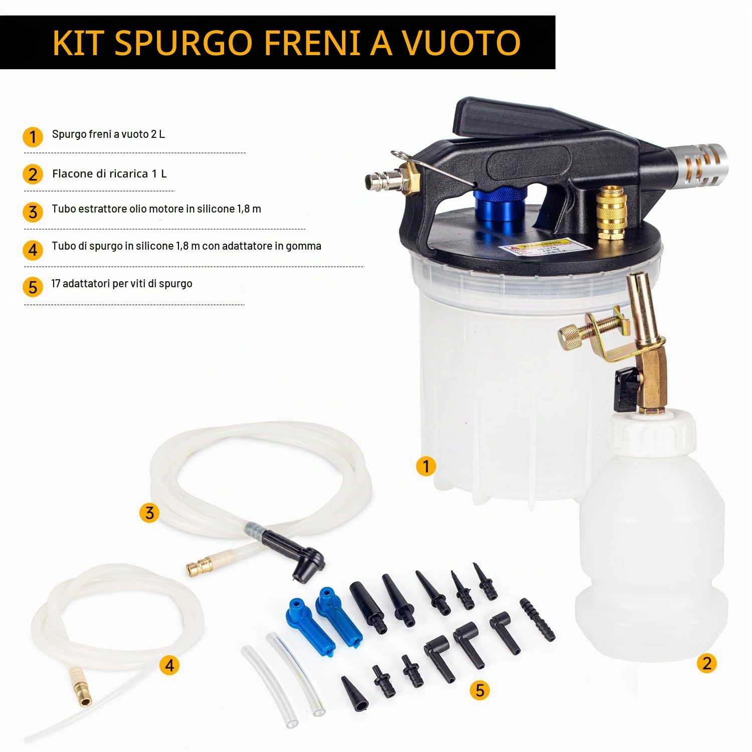 Dispositivo ad Aria compressa per Spurgo Freni,Spurgo Freni 2L Spurgo Freni Auto Cambio Liquido Freni con Contenitore 1L di Aspirazione e Adattatori