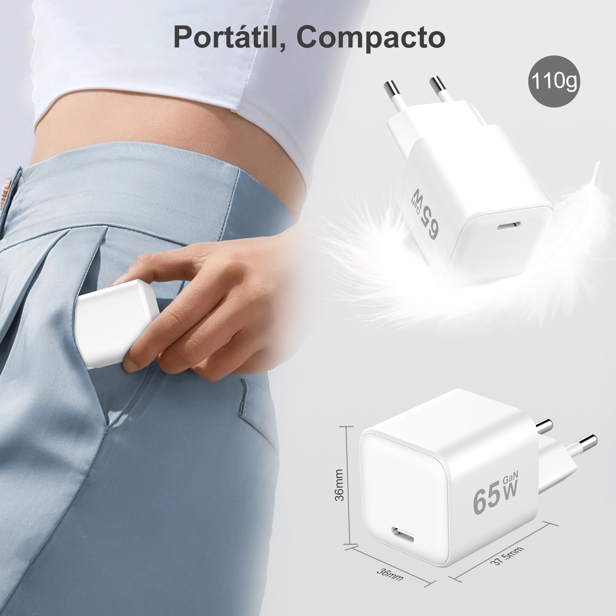 YISH 65W Cargador USB C Carga Rapida：GAN Enchufe Tipo C Cargador PD Cabezal Compatible con iPhone 17 16 15 Samsung S26 S25 S24 MacBook Cargador Movil Carga Rapida USB C Adaptador con 1M Cable Tipo C — view 5
