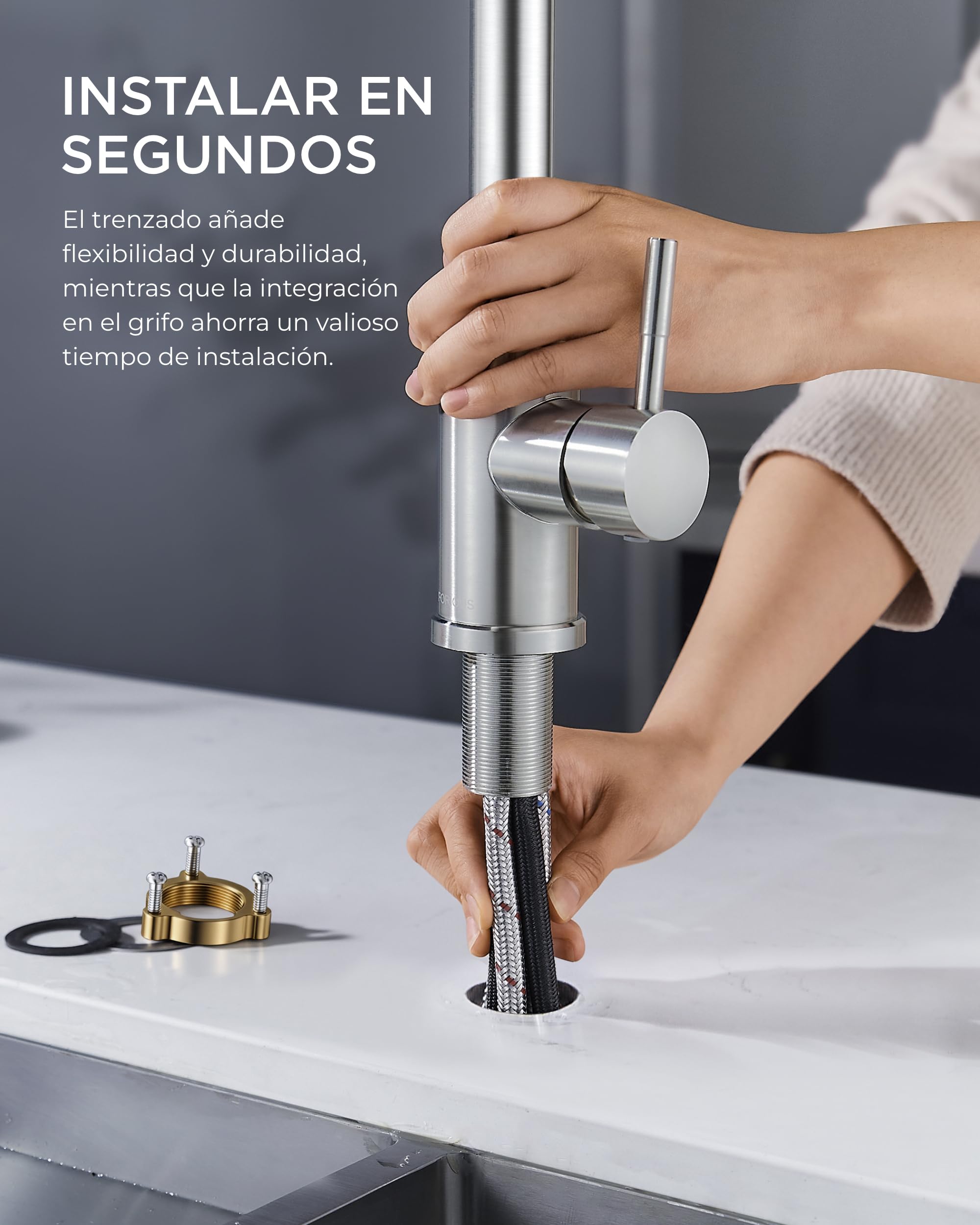 FORIOUS Grifo Cocina Extraible, Grifo Cocina Fregadero con 3 Modos Giratorio a 360° Torneira Cozinha Monomando, Acero Inoxidable