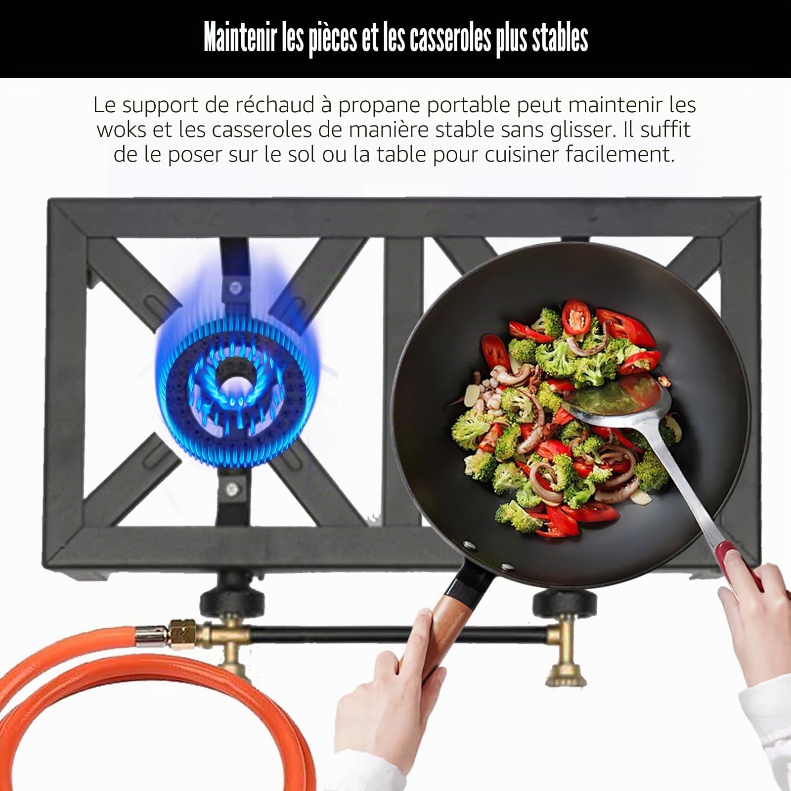Cuisinière à Gaz Portable en Fonte, Double Brûleur avec Récupérateur de Chaleur, 16000W, Noir