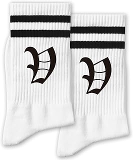 White and Black Novelty Crew Striped Socks with Gothic Letter - Gift for Gothic Lovers, Family & Friends.