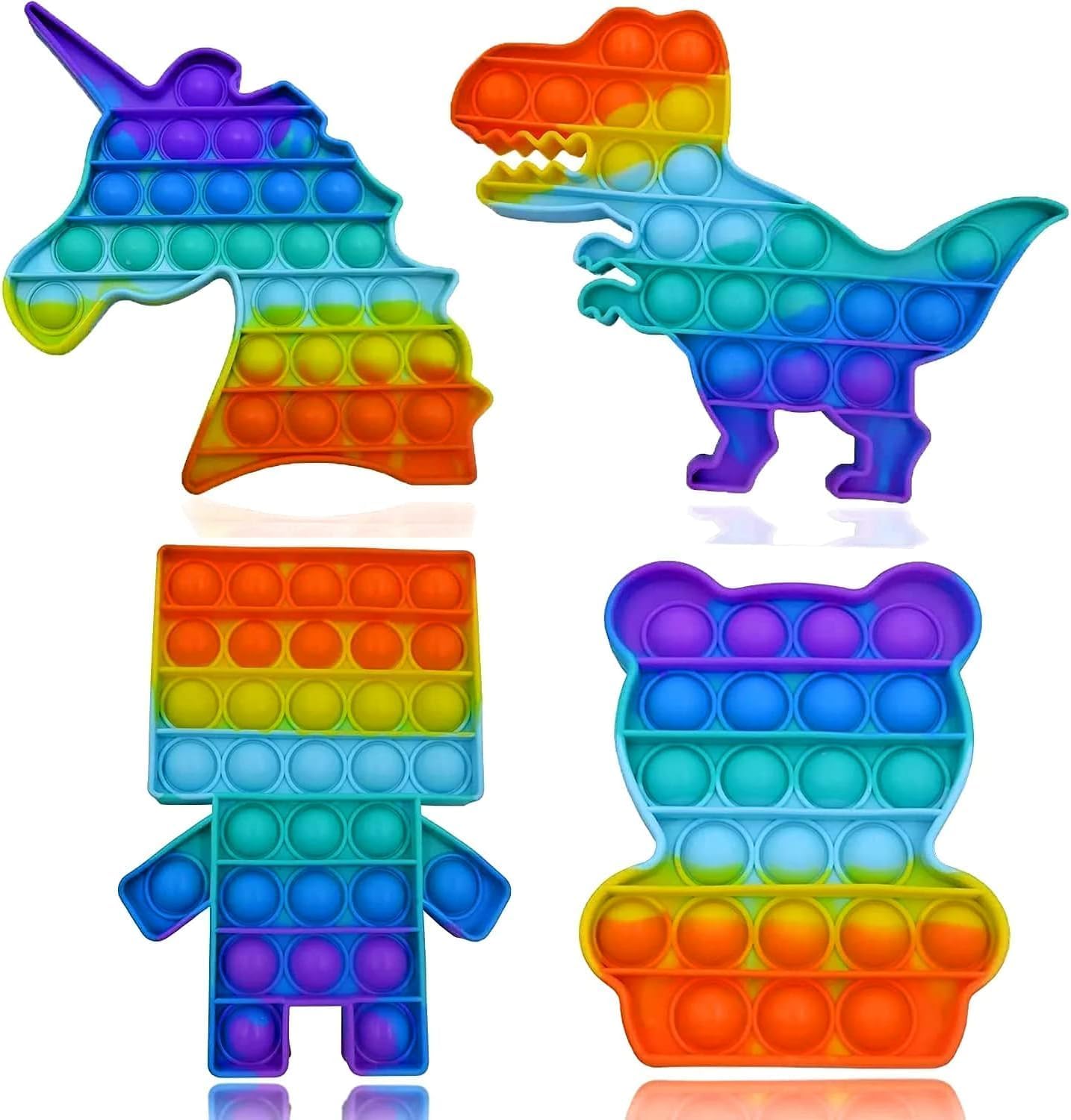 Fidget Toys Unicorn, Robot, Dinosaur ,Bear 4pc Multipack Set Squeeze Sensory Pop Bubble Toys For Kids ,Teens & Adults Autism & Special Needs Stress Reliever Push Pop Rainbow Poppet Toys