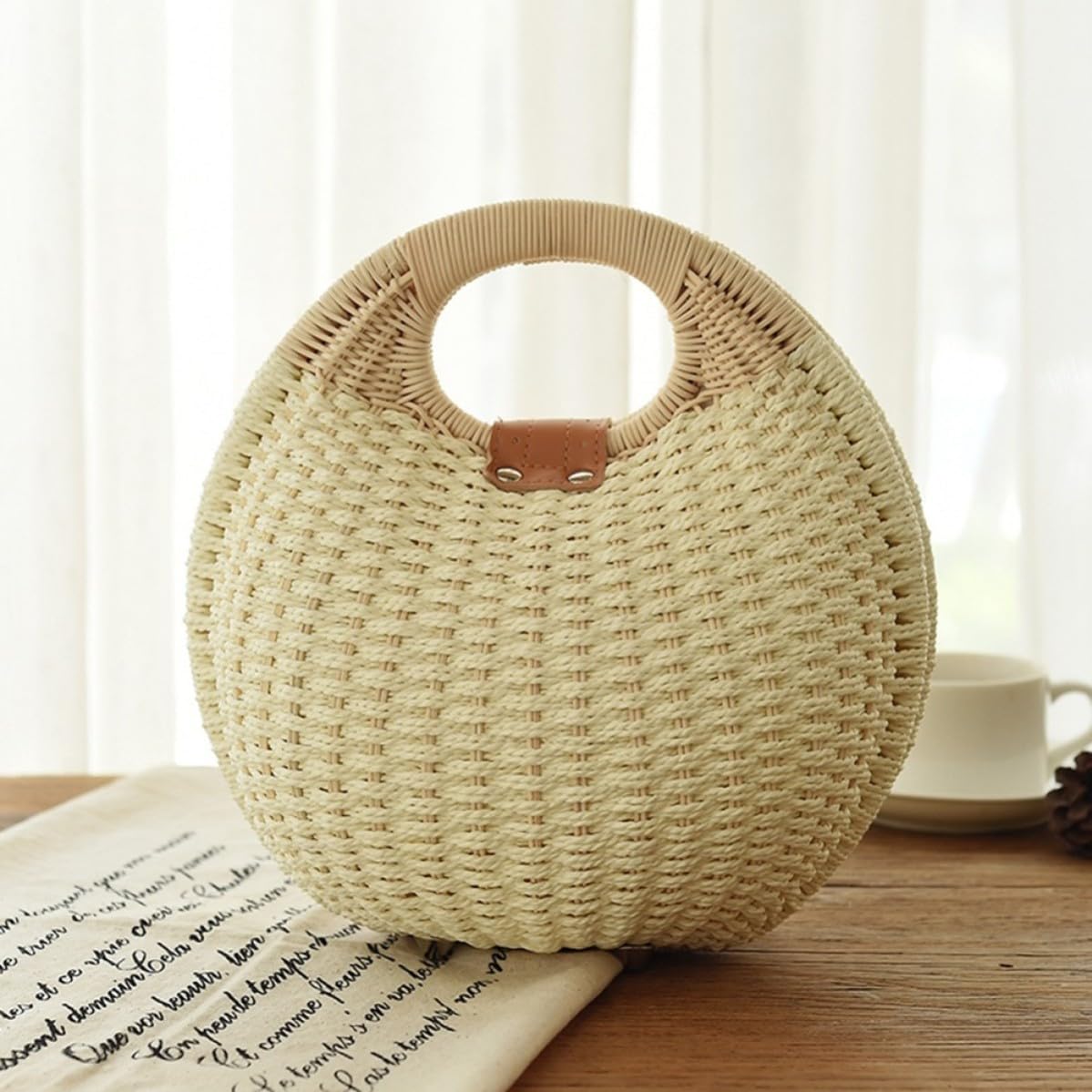Bolso de Paja para Mujer Diseño Bolso Mano de Ratán y Papel para Playa y Uso Diario Accesorio Casual Veraniego Bohemio Color Beige