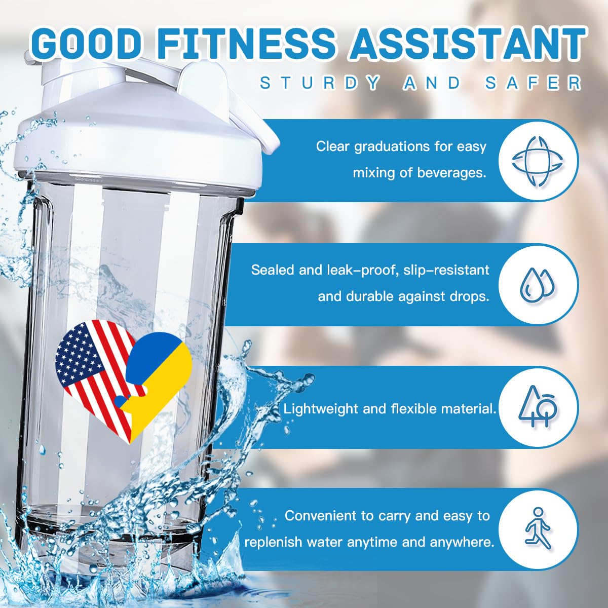 Heart America Flag and Ukrainians Flag 18 Ounce Shaker Cup,Fashion Theme Pattern Shaker Bottle Leak-proof Workout Shake Bottles 500ML/18 oz Perfect for Pre Workout-3