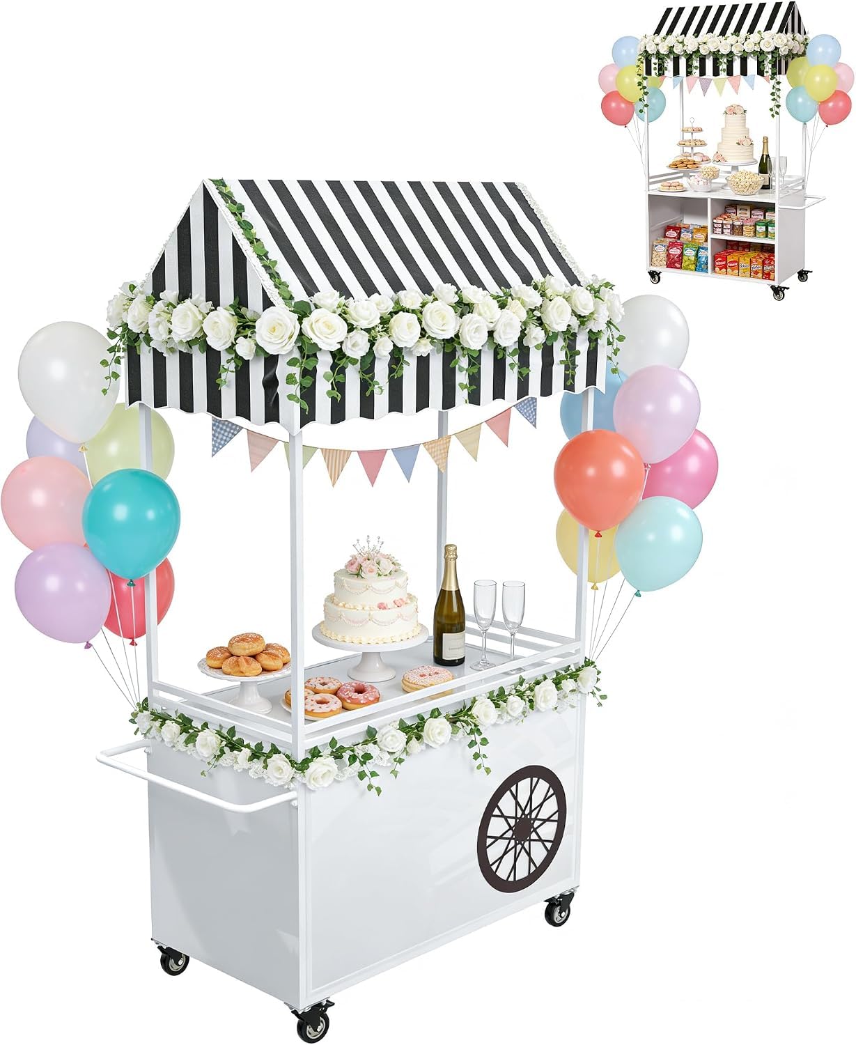 KEhtu Carrito De Dulces para Fiestas, Expositor De Pasteles con 3 Compartimentos De Almacenamiento Y 4 Ruedas, Carrito De Postres Vintage con Toldo, para Cumpleaños, Bodas Y Eventos, Uso Doméstico Y