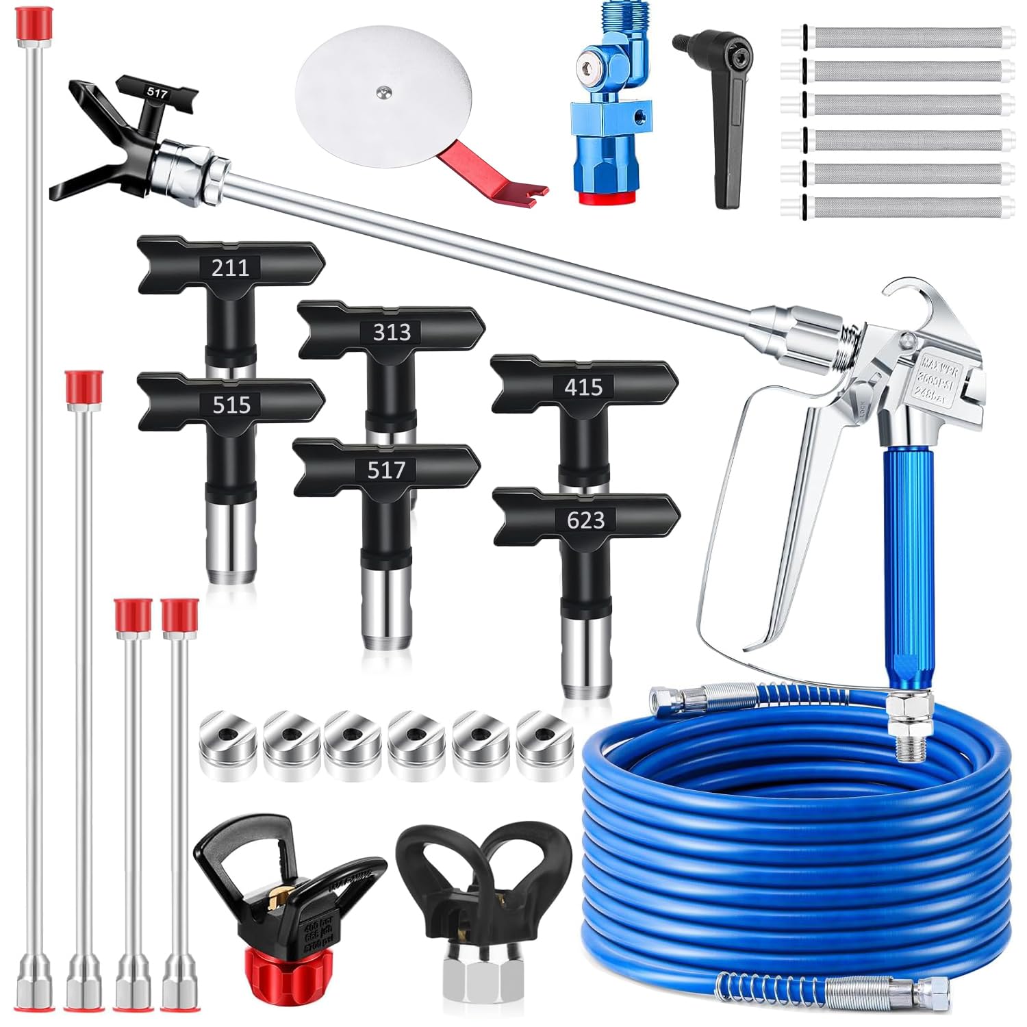 22 pezzi Kit pistola per verniciare, Pistola a spruzzo airless 3600PSI con tubo flessibile da 15 m & 6 Ugello & 4 asta prolunga & 6 filtri & Strumento di guida & ugello seggiolino
