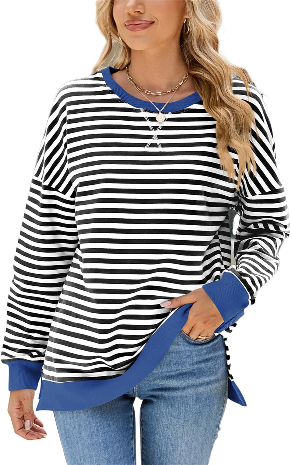 Longline Striped Sweatshirt for Women Uk Crewneck Split Hem Pullover Casual Long Sleeve Baggy Tops Trendy Color Block Y2k Preppy Tee Shirts S-2XL