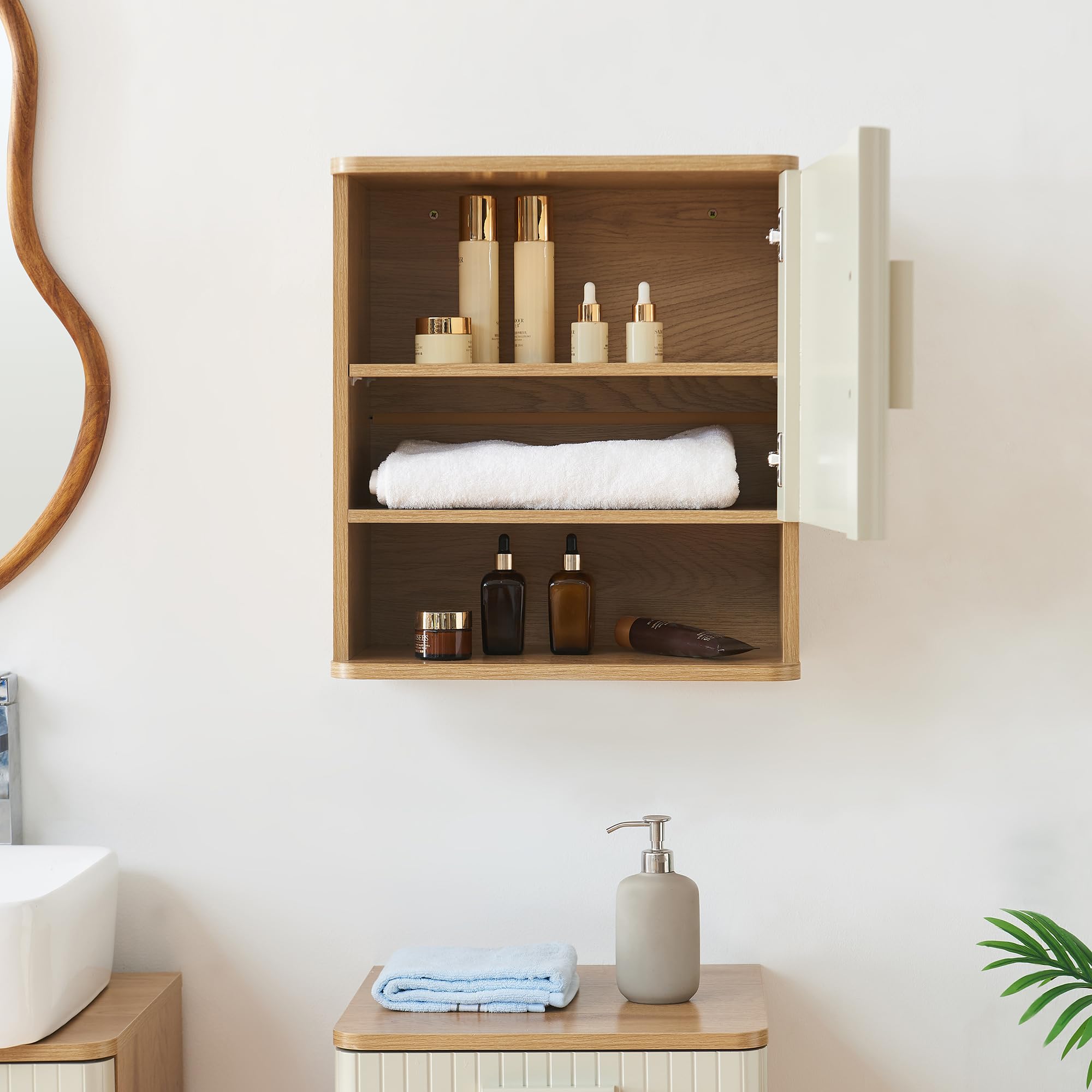 [en.casa] Armadietto a Muro con Anta Mobiletto da Parete con Vano Aperto e Ripiano Pensile Multiuso con Mensola per Bagno Cucina Ingresso 50 x 45 x 24 cm - Effetto Rovere/Avena Oatmeal