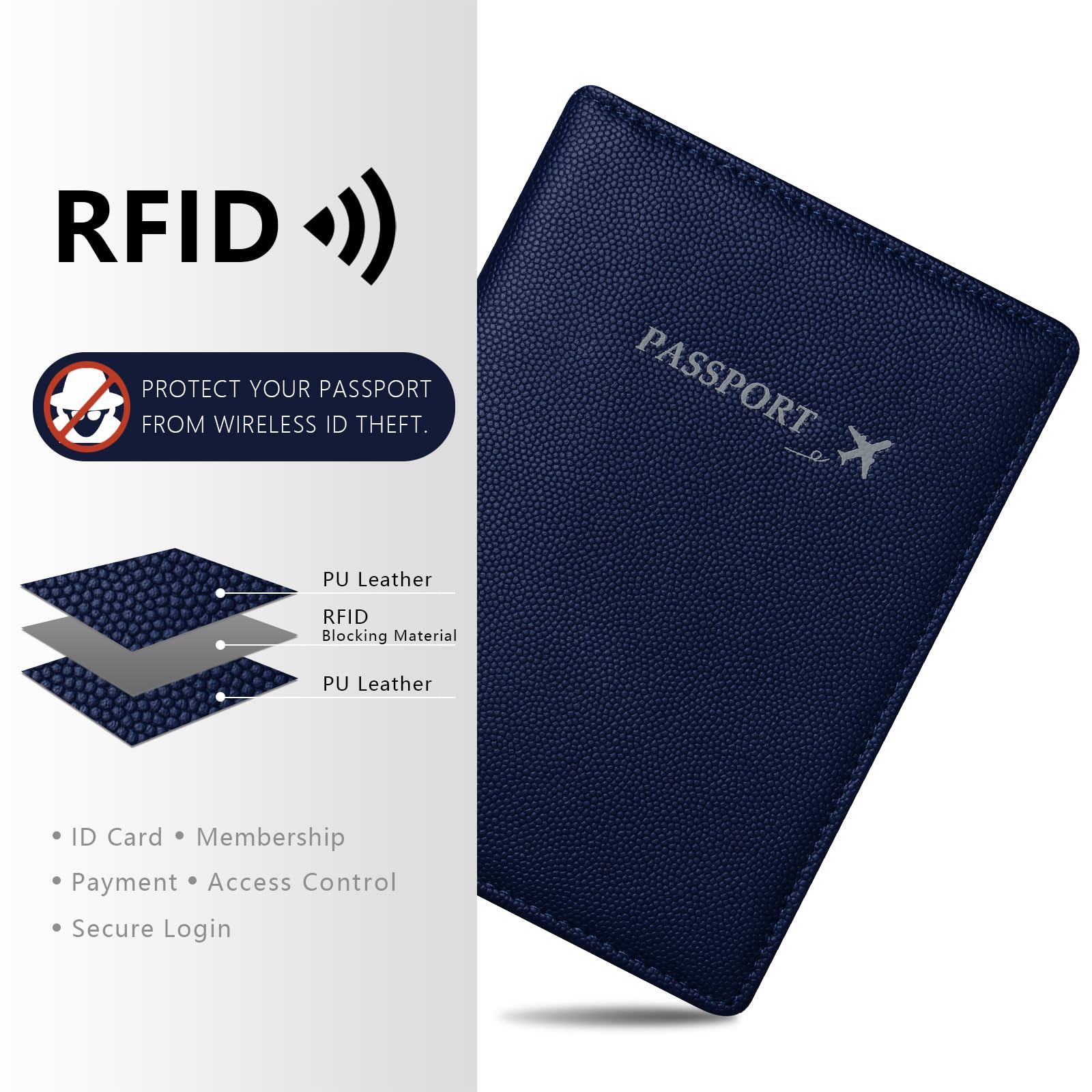 Custodia per passaporto in vera pelle, per donne e uomini, custodia ultra sottile con slot per carte di vaccino, blocco RFID, H-Blue., moderno