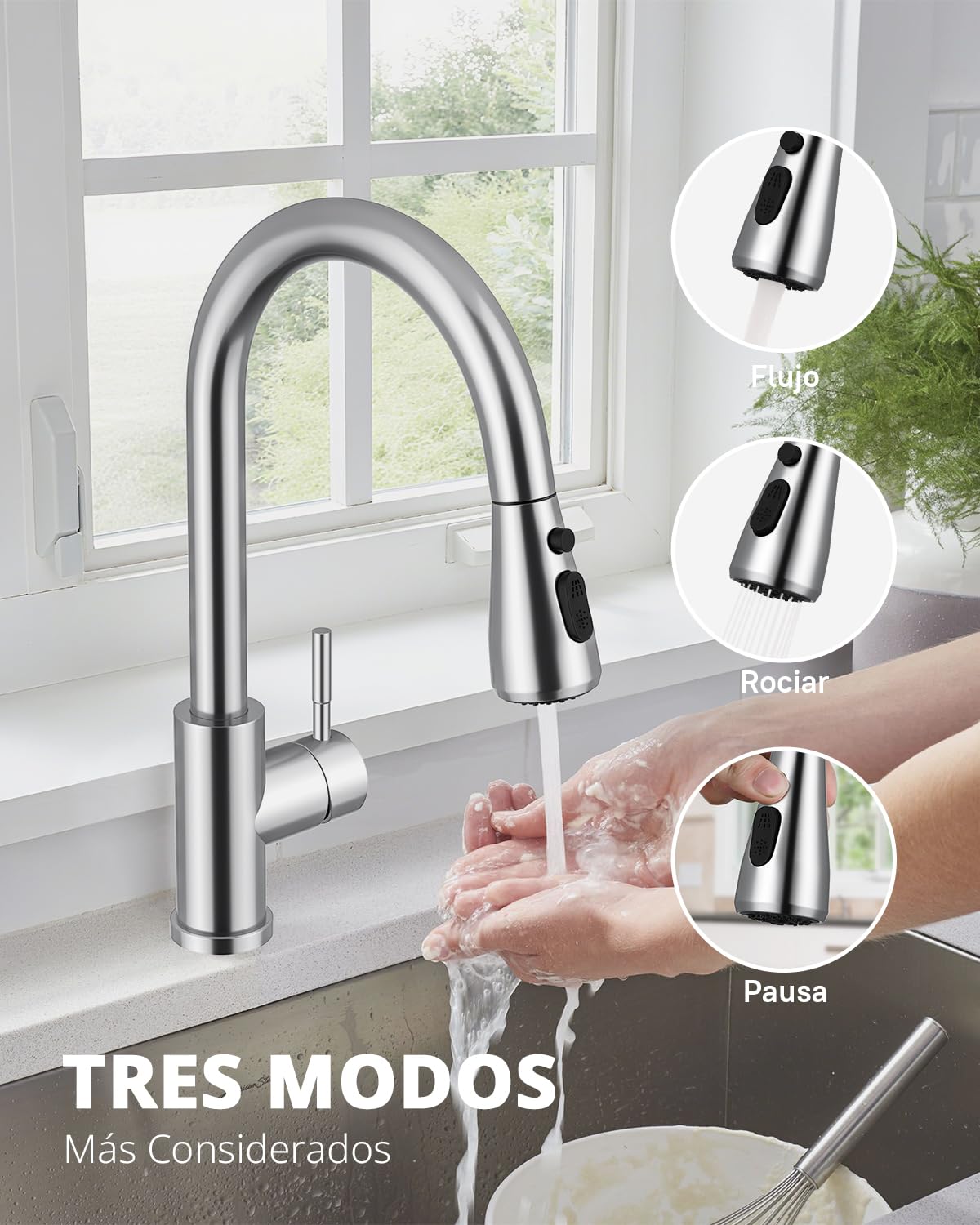 Hiqufet Grifo de Cocina Monomando: Diseño de Arco Alto, Brazo Extraíble con 3 Modos y Giro 360°, Cromo Pulido