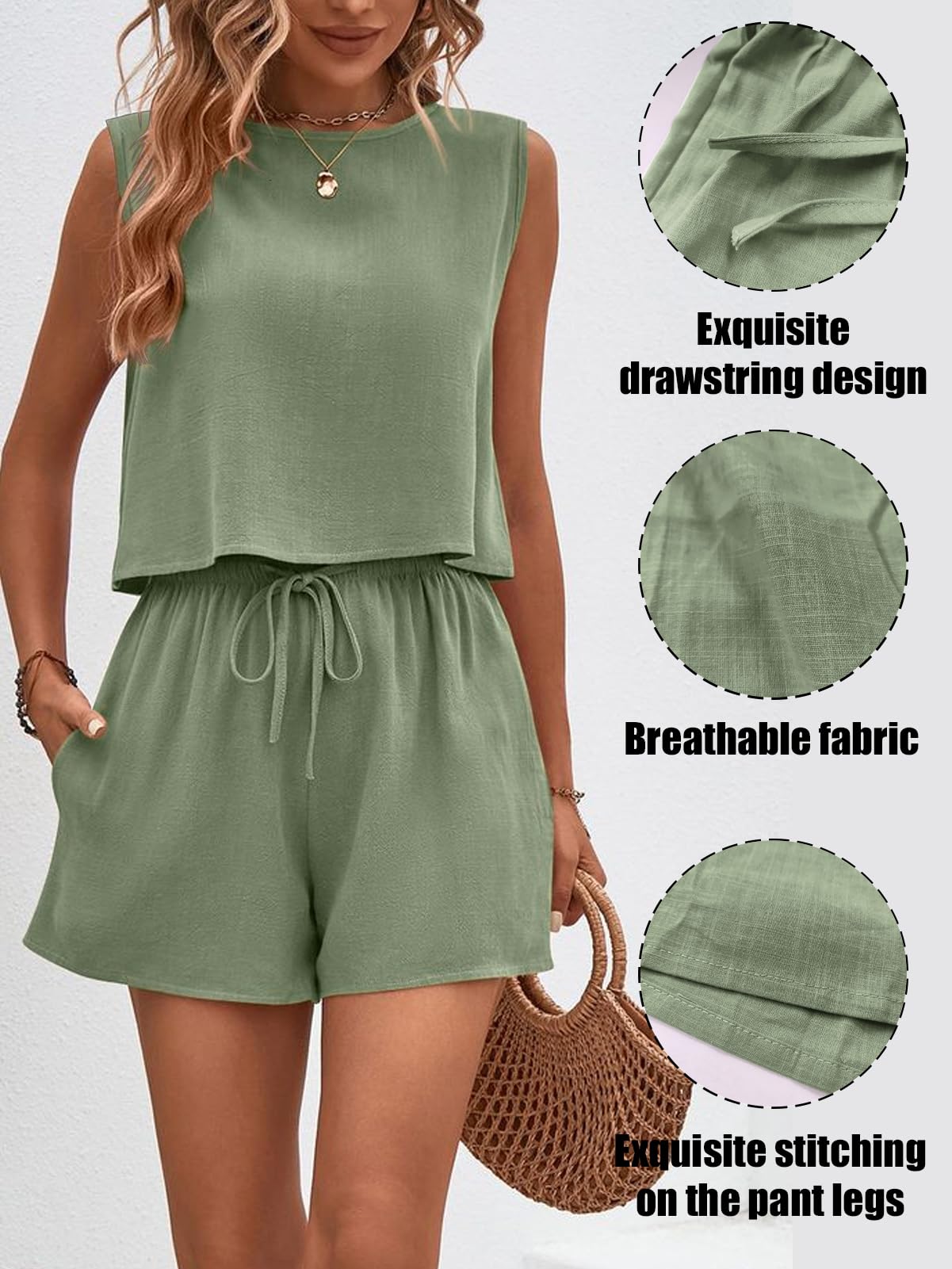 Damen zweiteiler ärmelloser Sommer Trainingsanzug Set Damen Mode Leinen Sommer SportanzugDamen Sommer Casual Sets Ärmelloses Top und hochtaillierte Shorts mit Taschen