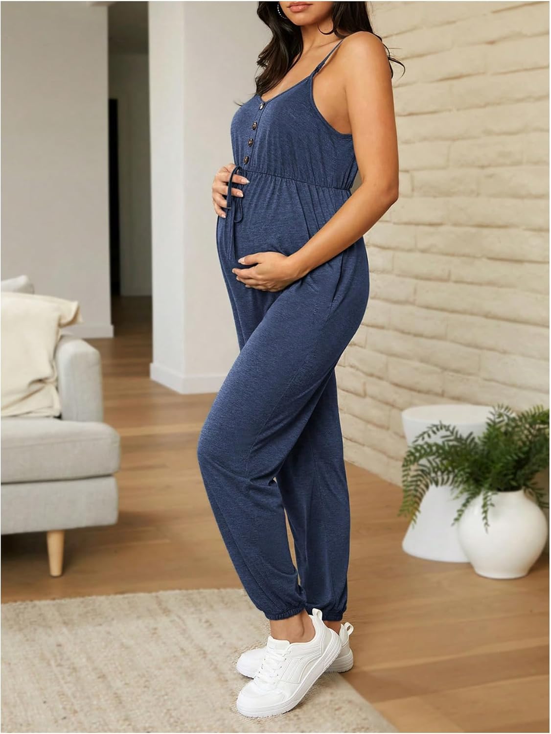 OYOANGLE Women's Maternity Nursing Jumpsuits Button Front V Neck Long Pants Romper - Image 2