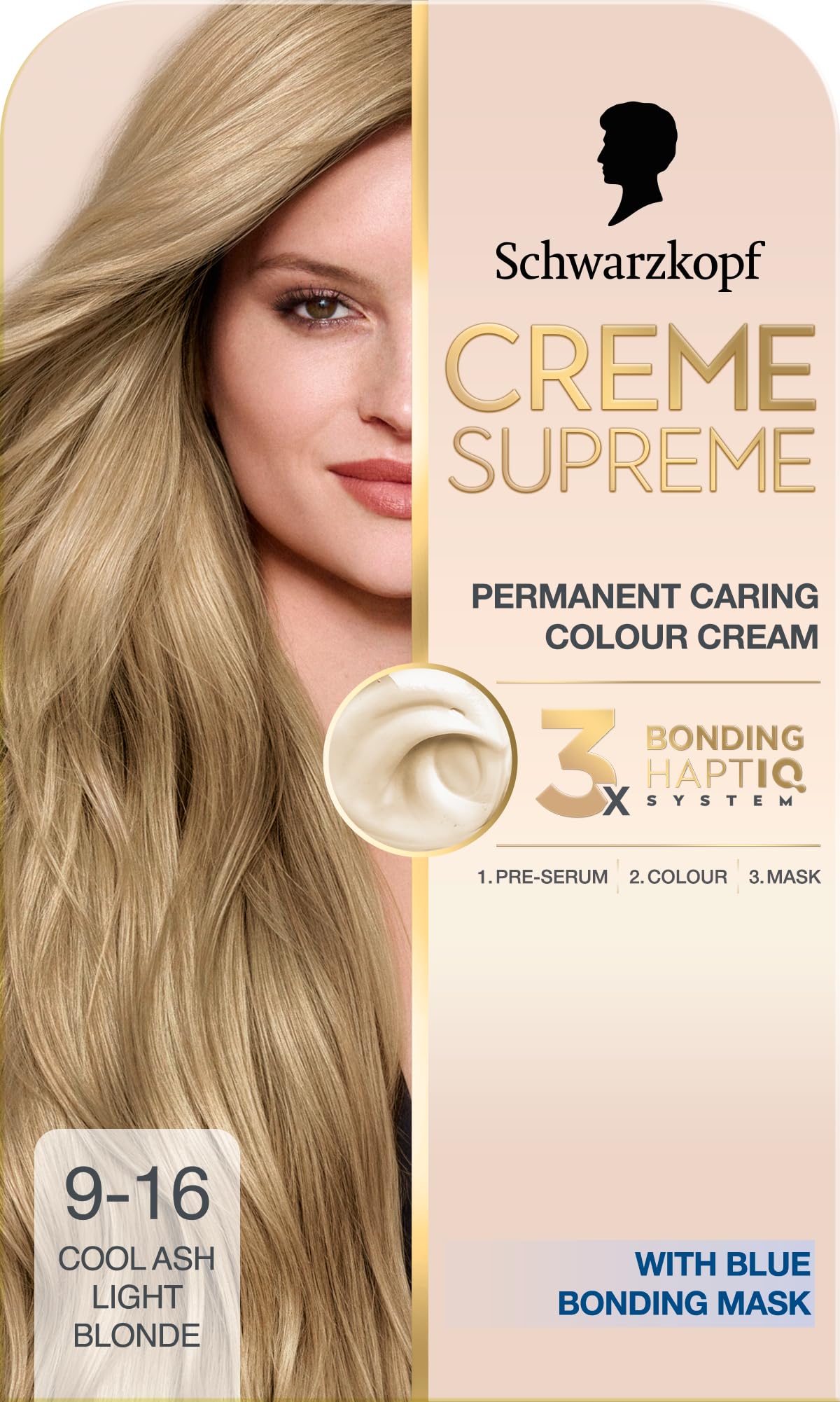 Schwarzkopf Creme Supreme 9-16 Cool Ash Light Blonde, Permanent Hair Dye, Caring Hair Dye Colouration with 3-Step Bonding System Against Damage, Neutralises Yellow Tones