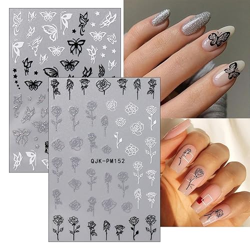 Miniatura 5 de JMEOWIO 10 hojas de calcomanías de arte de uñas con purpurina en blanco y negro, calcomanías autoadhesivas, calcomanías para uñas, lindo pentagrama,