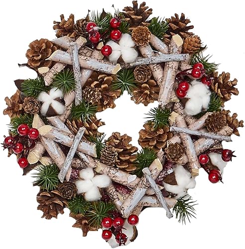 Tronco de abedul artificial de 12 pulgadas con piñas, algodón y corona de bayas