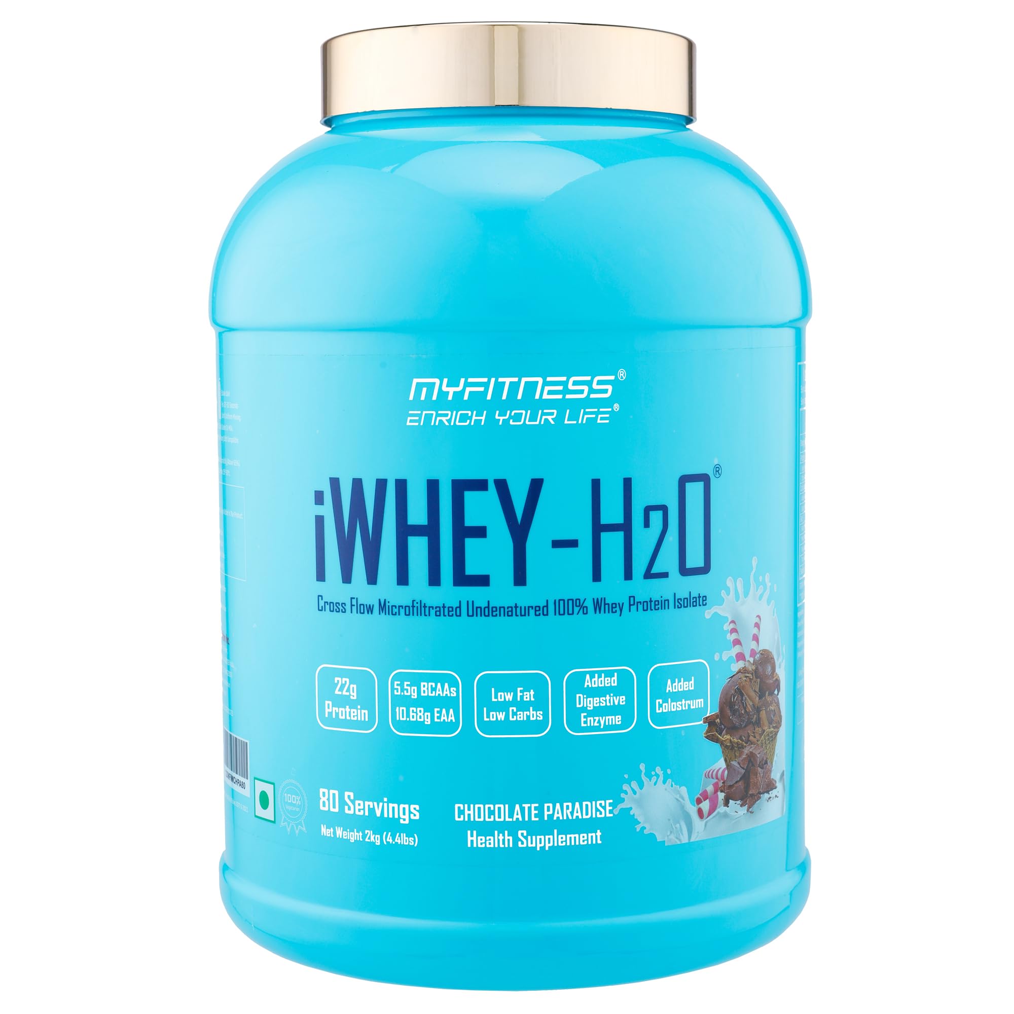 Myfitness iWhey H2O | 88% Protein Per Serving | 100% Whey Protein Isolate | Added Colostrum | Added Digestive Enzymes | Whey Protein Powder (Chocolate Paradise, 2kg (80 servings))