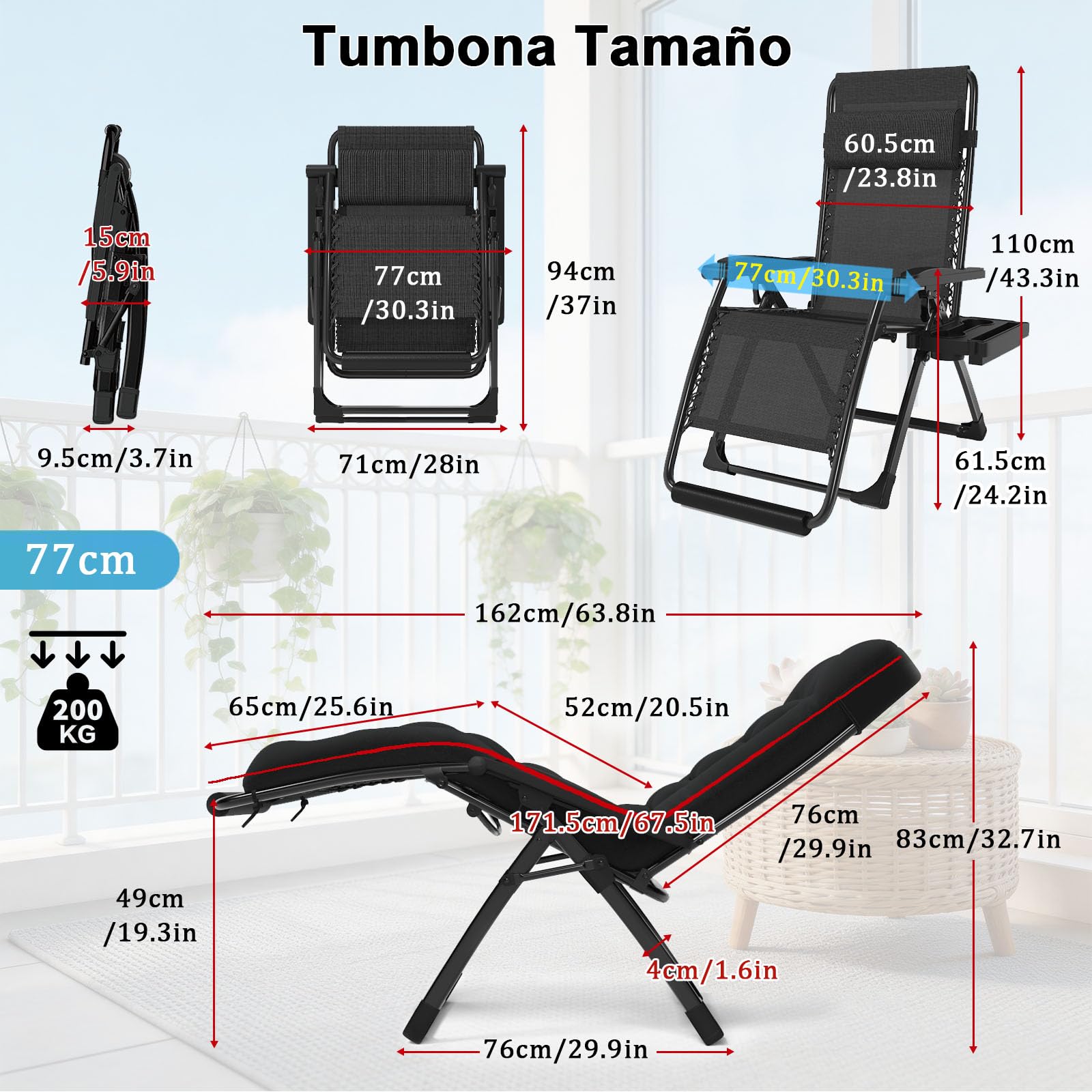 Tumbona Plegable Jardin Acolchada, Tumbonas Jardin Exterior Ajustable con Portavasos y Reposacabezas, Silla de Gravedad Cero Soporta 200 kg para Balcón Terraza (Negro, Extra Ancha 77 cm)
