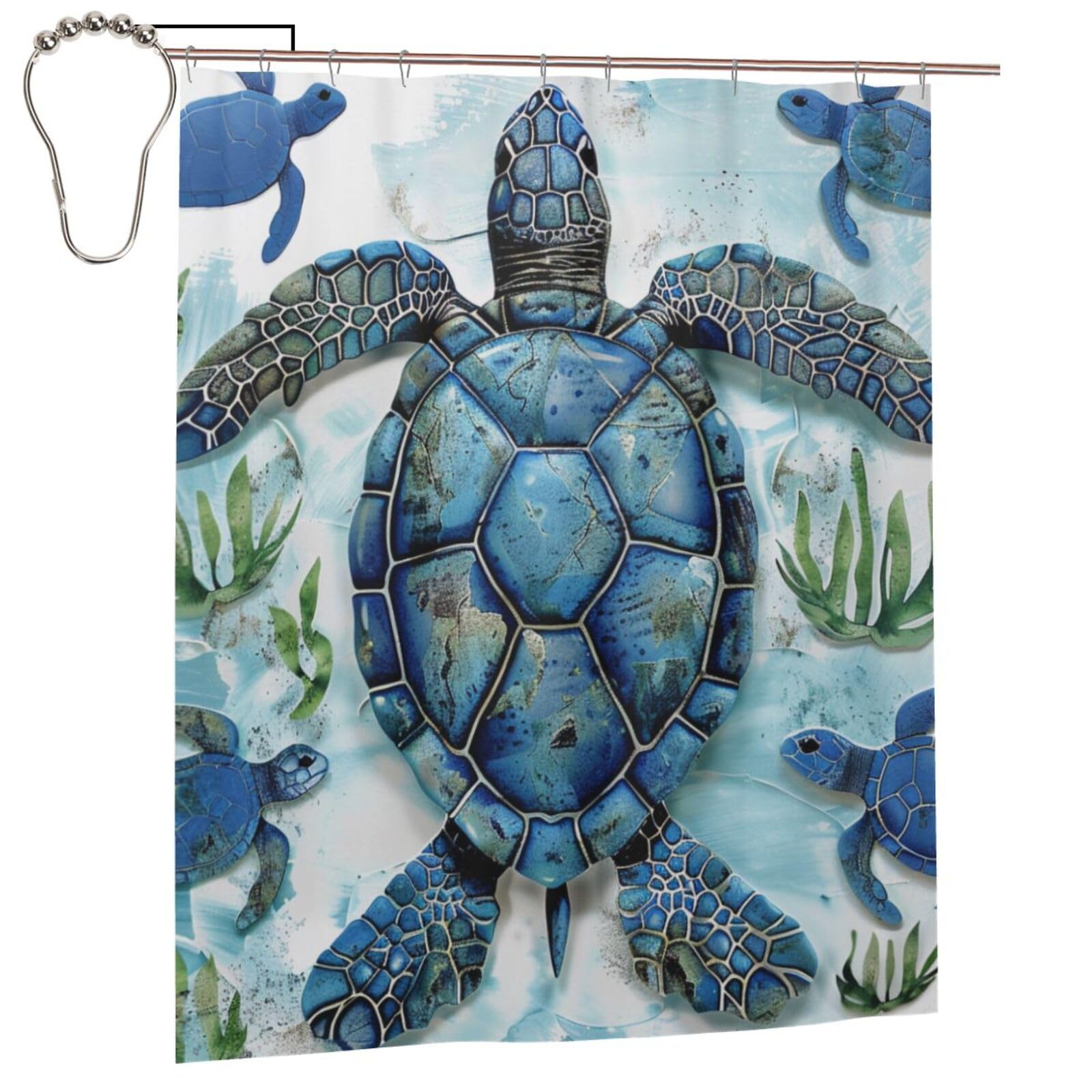 BWWHCCTI Sea Turtle-Blue Printed Shower Curtain With 12 Iron Hooks Opaque Quick Drying Waterproof Shower Curtains Sets For Bathroom 152x183 Cm