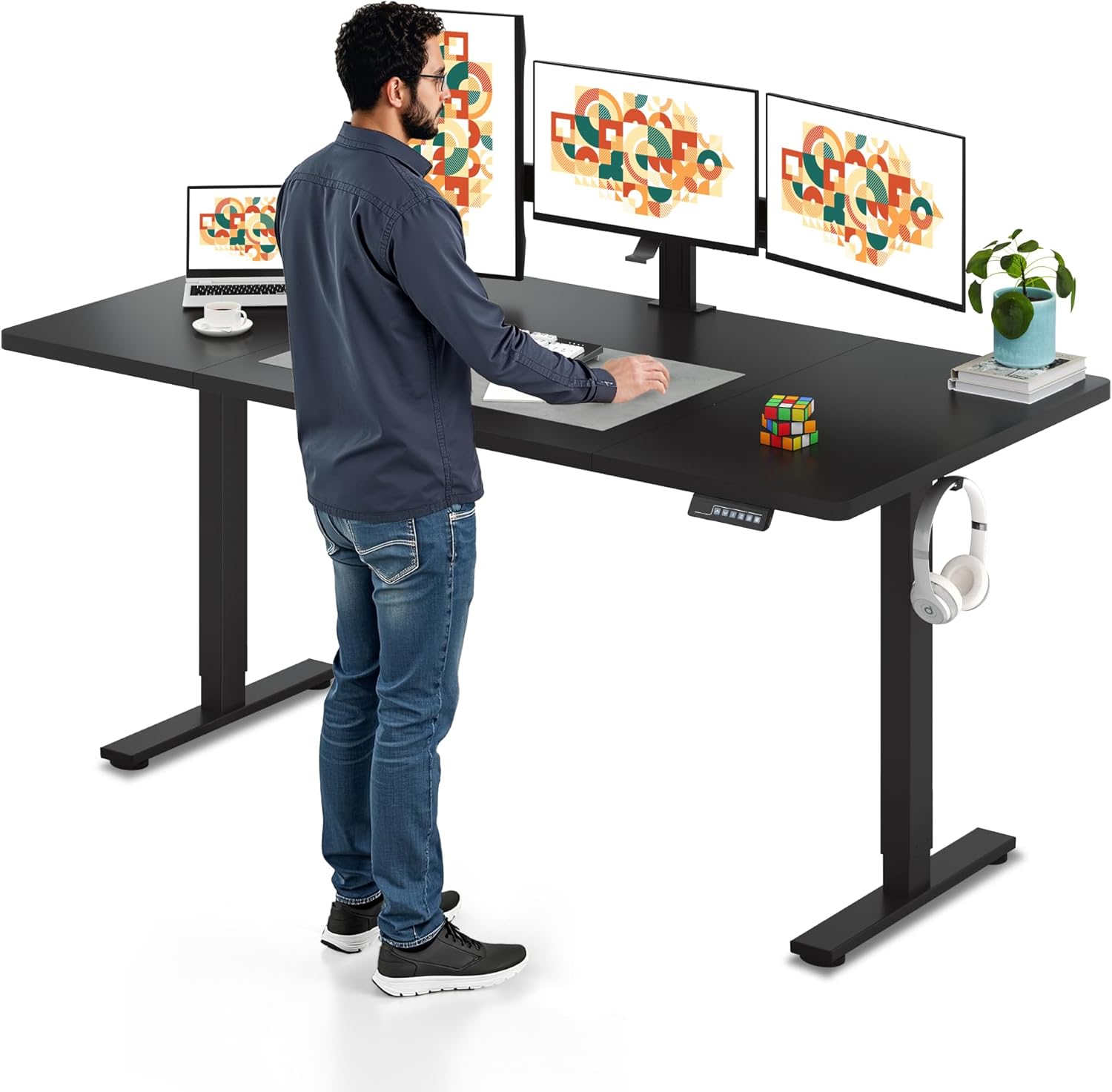 SANODESK Electric Standing Desk 71 x 32 Inches Height Adjustable Stand Up w/6-Button Controller Ergonomic Computer Desk with Splice Board for Home Office, Black Frame + Black Tabletop
