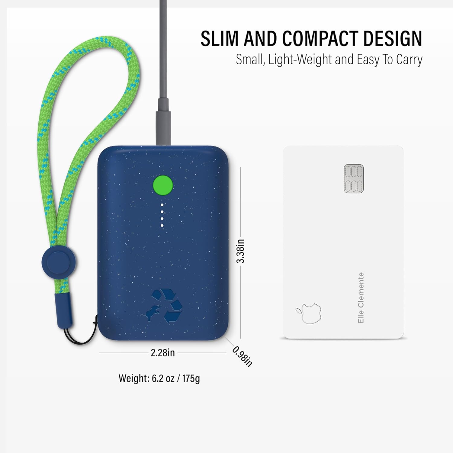 Чапталгыч Чamp Portable Charger next to a credit card, showing its compact dimensions