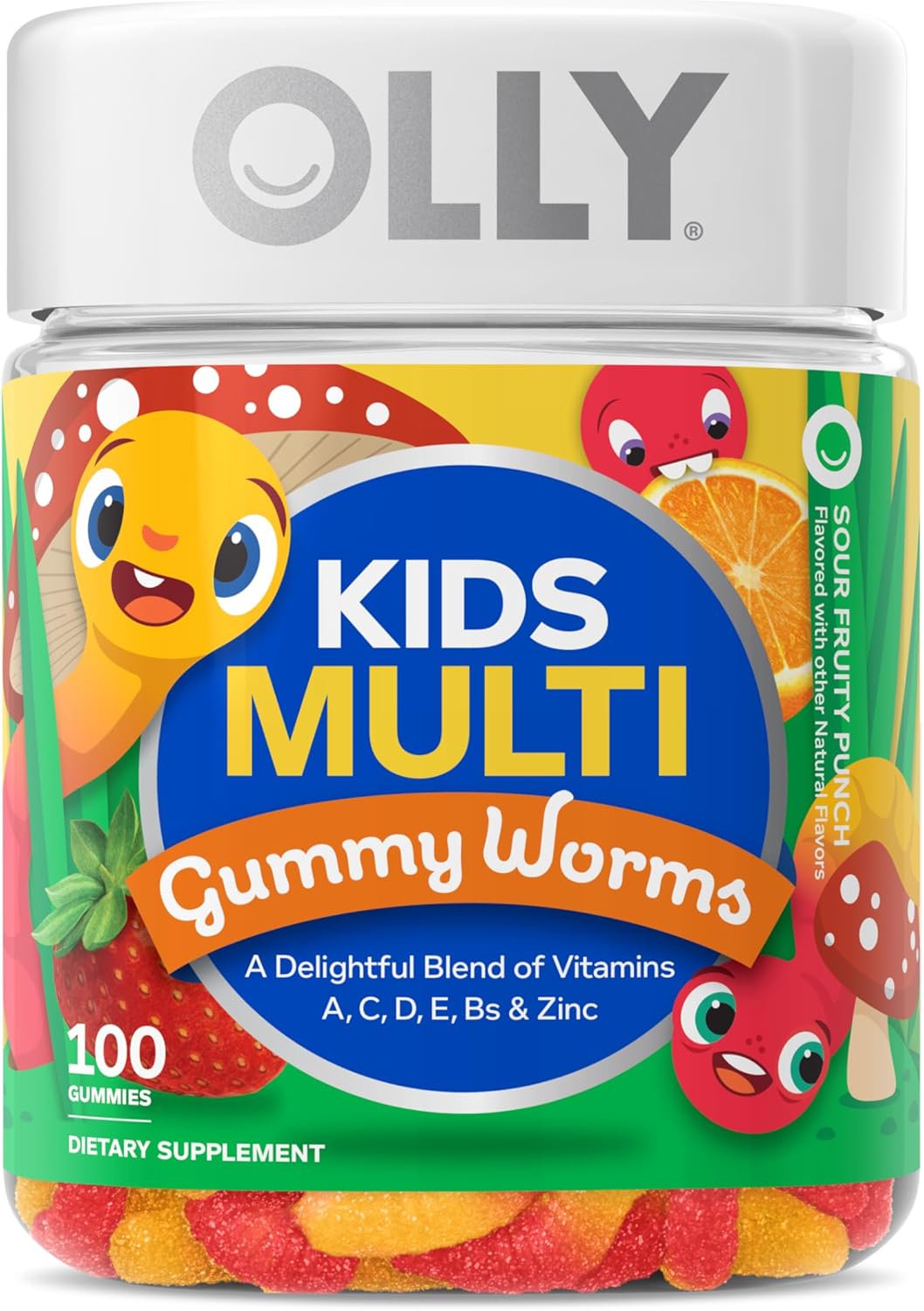 OLLY Kids Multivitamin Gummy Worms, Overall Health and Immune Support, Vitamins and Minerals A, C, D, E, Bs and Zinc, Kids Chewable Supplement, Sour Fruit Punch, 45 Day Supply – 100 Count