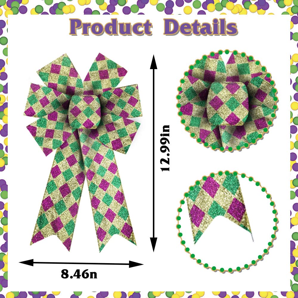 Estivaux 2 Pieces Mardi Gras Bows for Wreath, Mardi Gras Wreath Bows Glitter Green Purple Buffalo Plaid Bows Fat Tuesday Bows Bows for Front Door Mardi Gras Masquerade Party Decorations