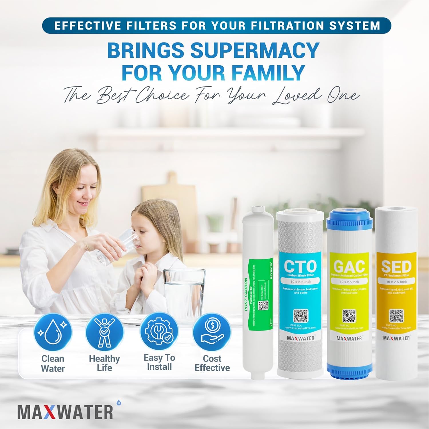 Max Water 2-Year Reverse Osmosis Replacement Filter Set -16 Filters for Standard 5 Stage Under Sink RO Systems Includes Standard 10" Sediment SED, GAC, CTO & Inline Carbon Filter