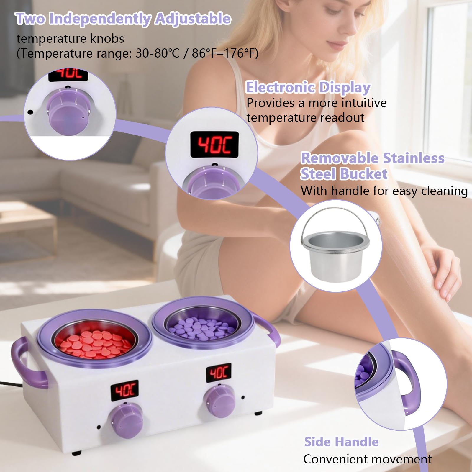 Scaldacera doppio con display elettronico, capacità totale 1 l, scaldacera da 220 W per depilazione con temperatura regolabile, ideale per casa, barbiere, salone