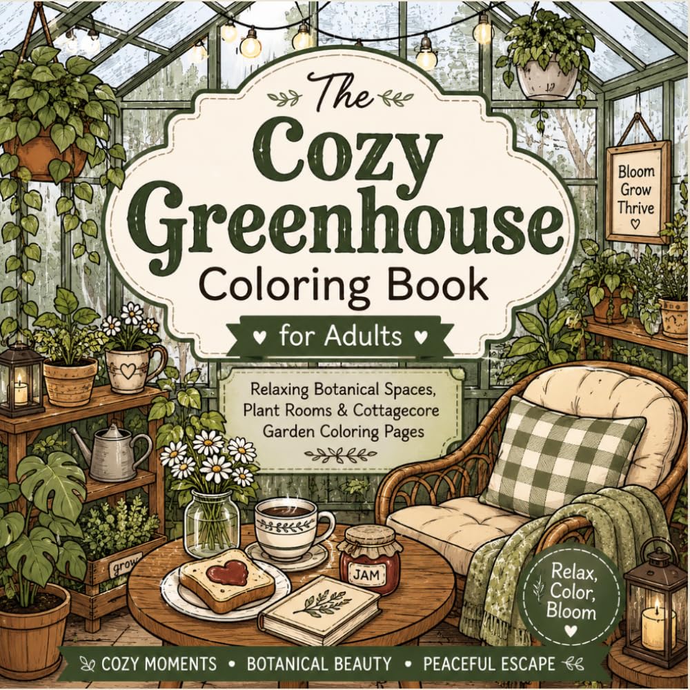 The Cozy Greenhouse Coloring Book for Adults: Relaxing Botanical Spaces, Plant Rooms & Cottagecore Garden Coloring Pages