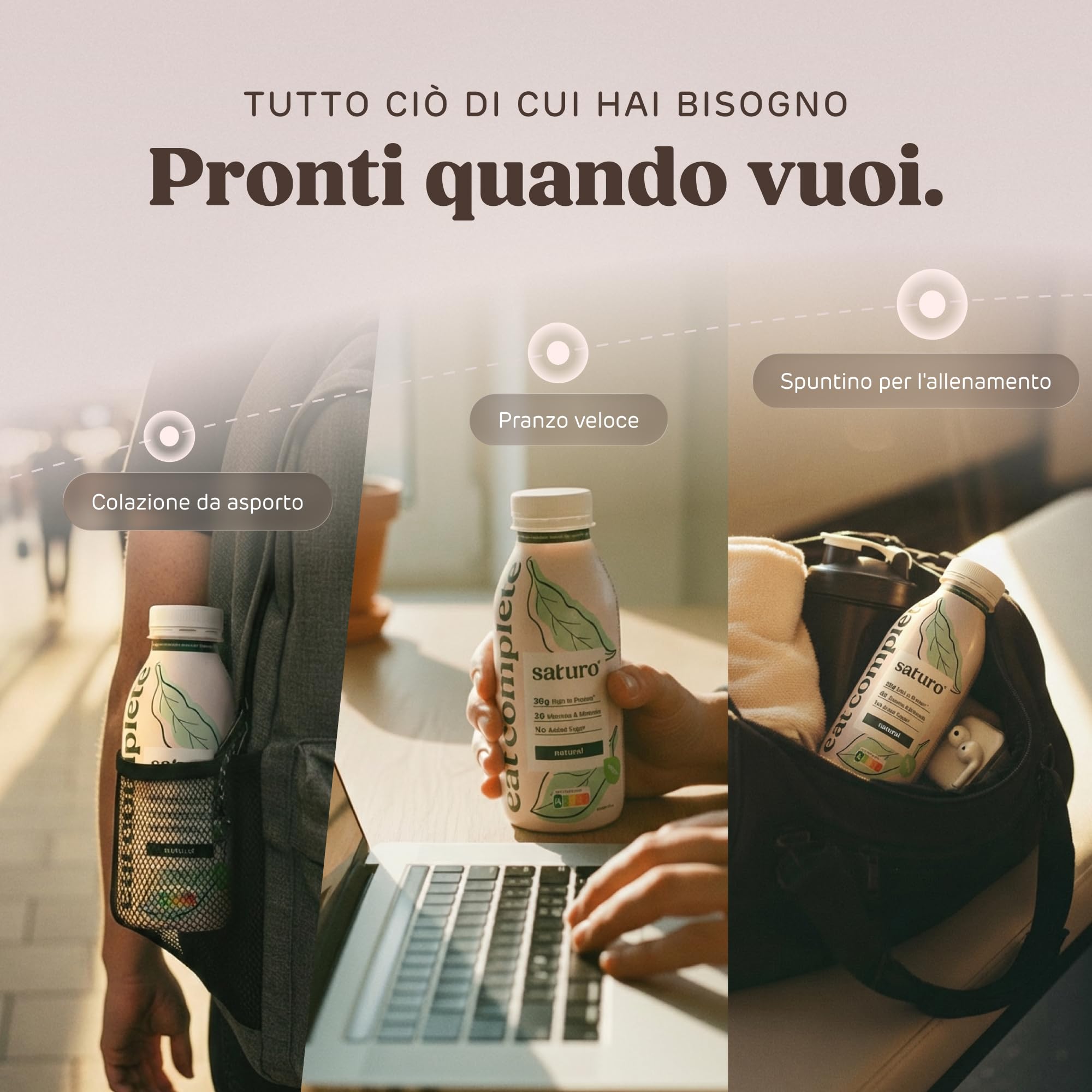 Saturo Pasto Sostitutivo Frullato Gusto Natural | 36 g di proteine & senza zucchero | 400 kcal | Vegano | Pasto Bevibile con Nutrienti Essenziali | 6 x 400 ml