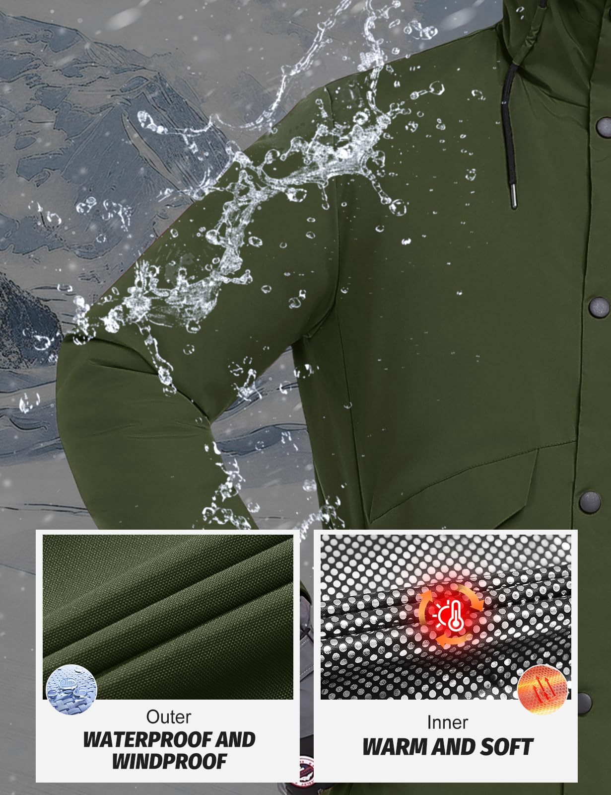 Voqeen Chaqueta de Esqui Hombre Impermeable Cazadora Cálida Aire Libre Térmica Capucha Desmontable Antiviento