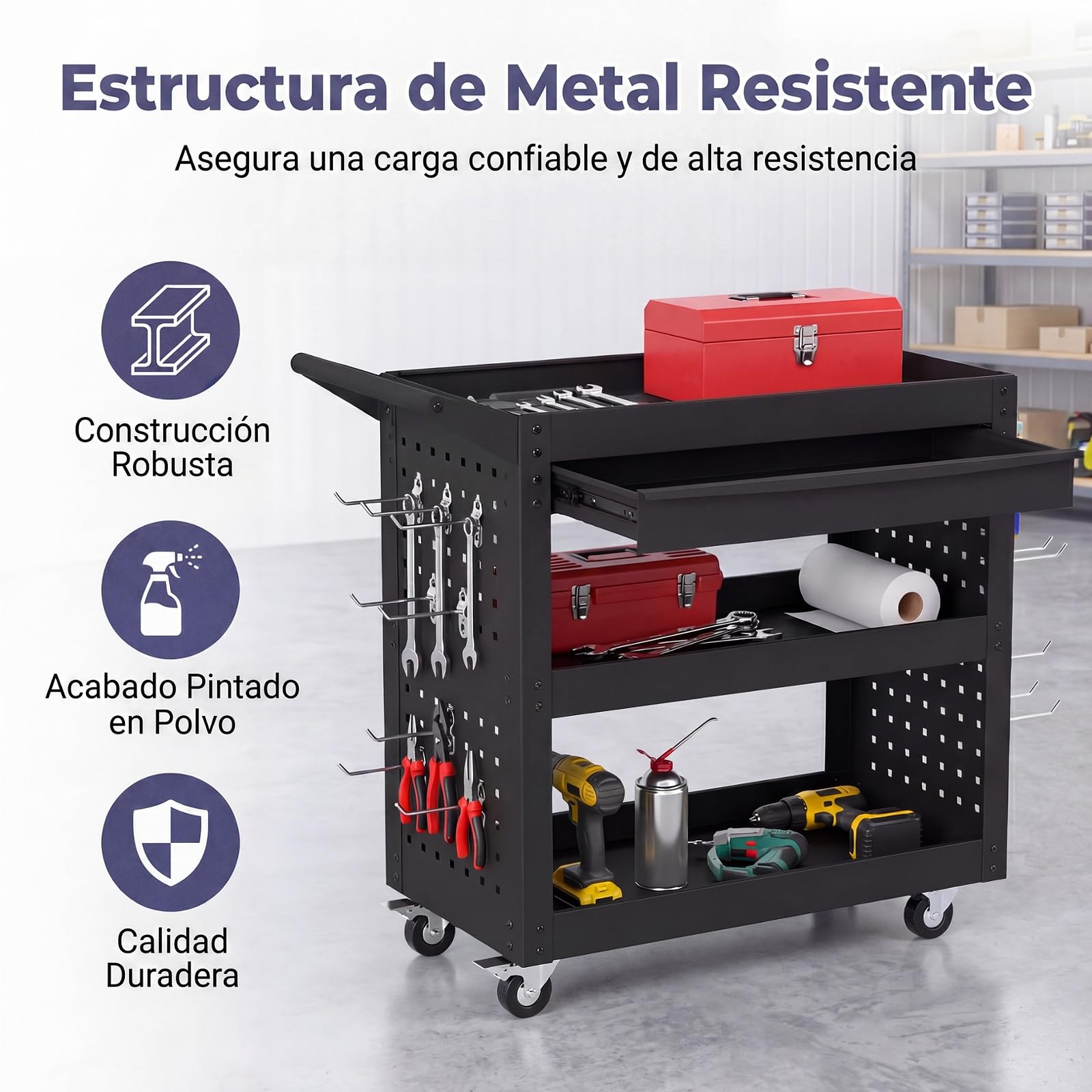 GYMAX Carro de Almacenamiento para Herramientas, Carro de Taller de 3 Niveles con Cajón, 2 Paneles Perforados, 8 Ganchos y Ruedas, Carrito Rodante de Transporte para Taller, Garaje y Almacén