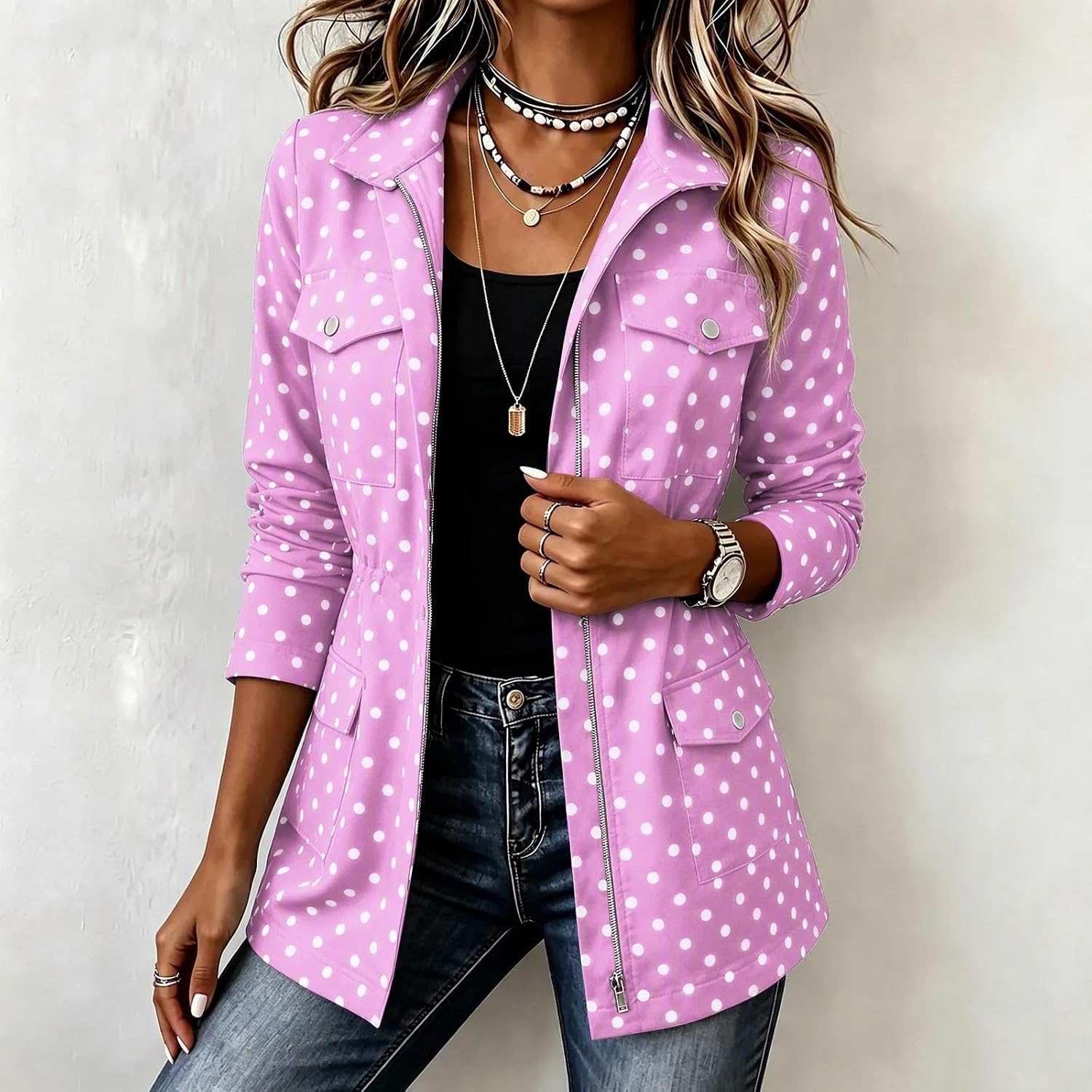 Women's Polka Dot Jacket Collared Zip Up Front Casual Utility Coat