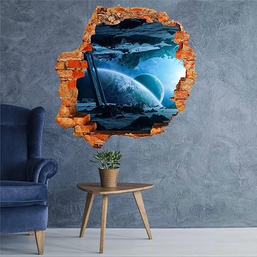 Vinilo adhesivo 3D con agujero roto de planeta tierra, planeta azul, pared rota, espacio de pared, agujero de ladrillo, calcomanías de pared con