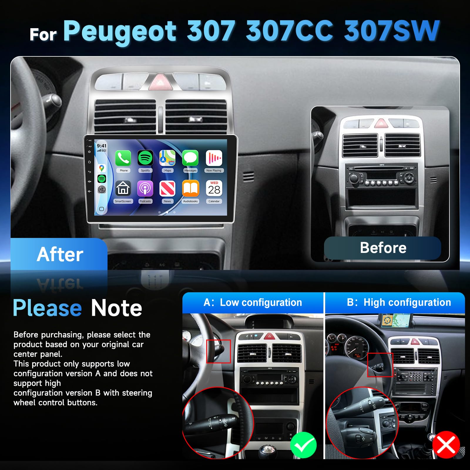 Hodozzy Radio 2 DIN para Peugeot 307 307CC 307SW 2002-2013 con Wireless CarPlay Android Auto, Pantalla Táctil IPS de 9 Pulgadas Radio con Bluetooth, DSP, FM/RDS, USB, SWC y Retroiluminación Color