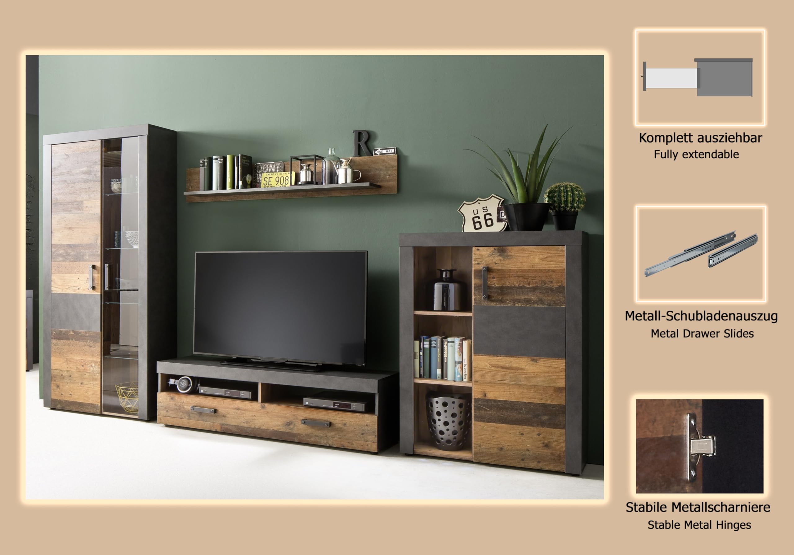 trendteam smart living - Indy - Wohnwand - Eiche/Grau - Anbauwand mit Stauraumvitrine, Stauraumelement, TV-Unterschrank und Wandboard - (BxHxT) 343 x 189 x 40 cm - antikfarbene Griffe
