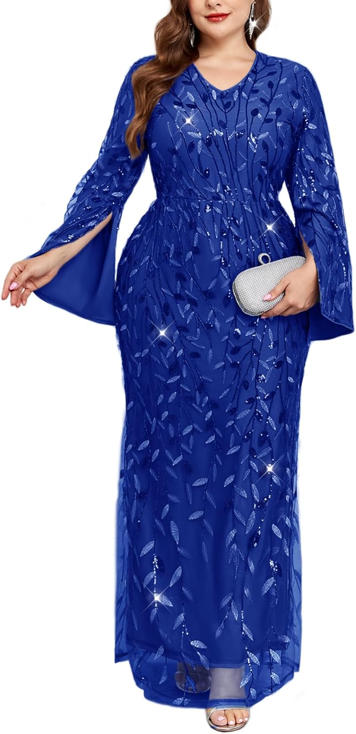 Plus Size Formal Dresses Long Flared Sleeve V-Neck Evening Gowns Wedding Guest Sequin Embroidery Prom Maxi Dress, Royal Blue, 3X