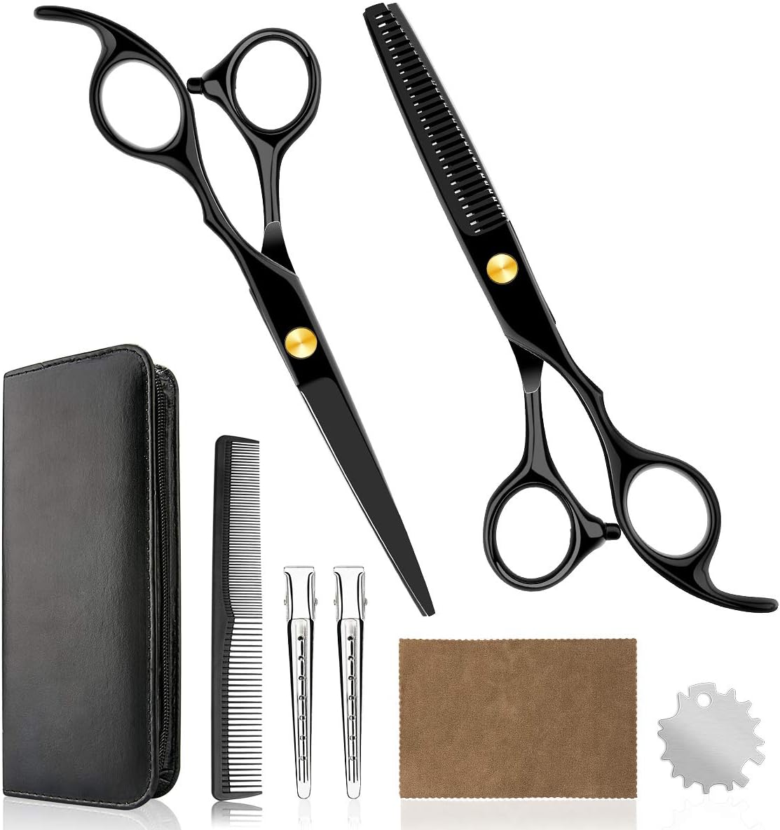 Professional Home Hair Cutting Kit Home Haircutting Scissors Barber Salon Home Thinning Shears Kit with Comb Case for Men Women Black
