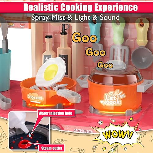 Miniatura 12 de Juego de cocina para niños pequeños, juego de cocina para niños pequeños, juguetes para niñas con estufa de cocina, vapor, fregadero y alimentos