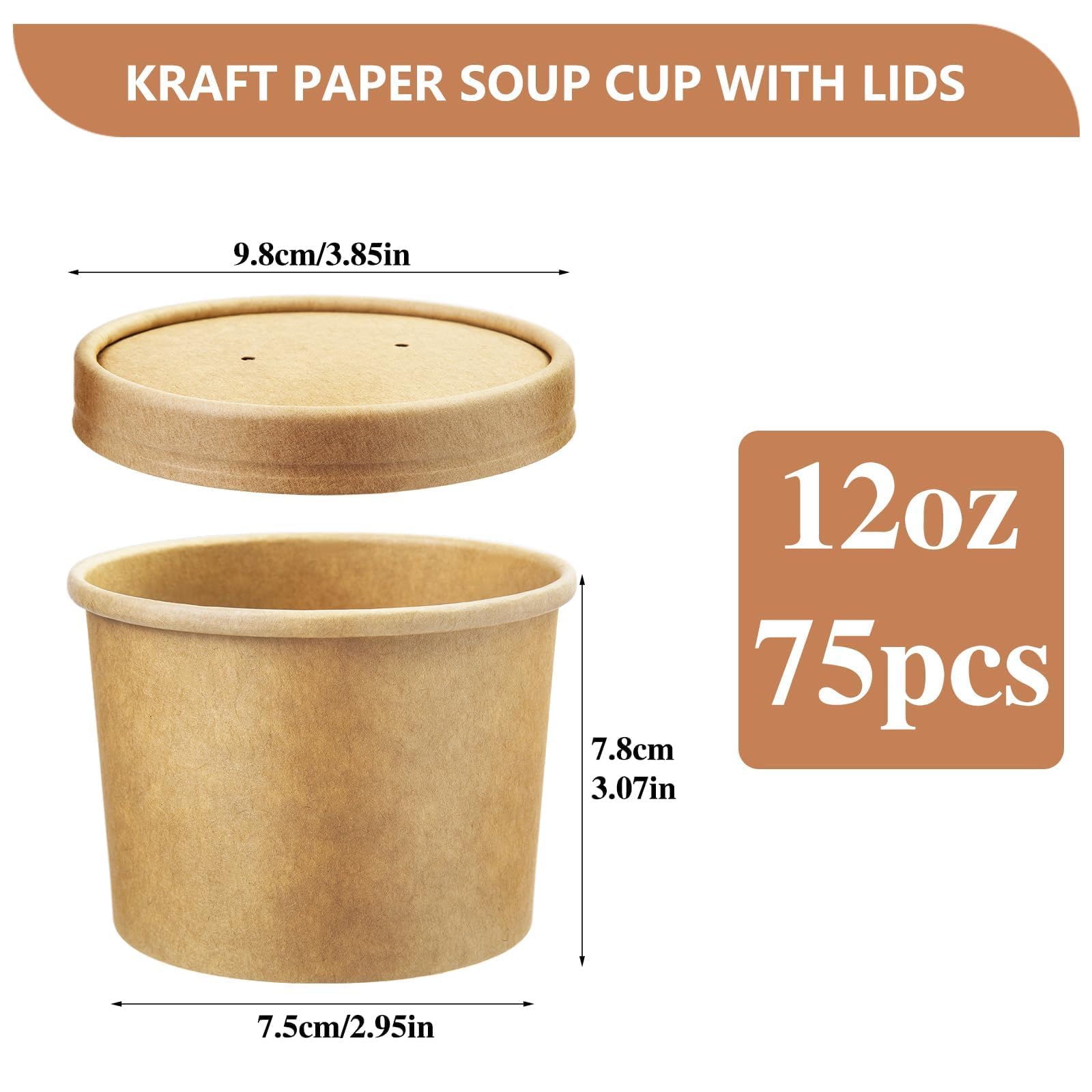 Paquete de 75 tazas de sopa desechables, cuencos de papel kraft desechables de 12 onzas con tapas ventiladas, vasos de sopa de papel, recipientes de papel kraft para alimentos, vasos de papel