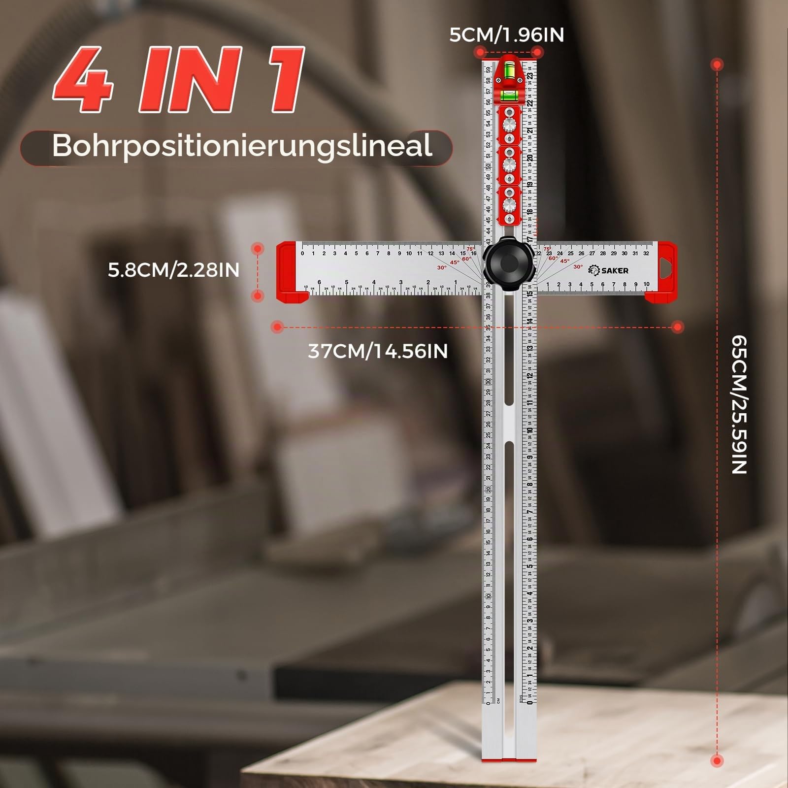 Saker 4-in-1-Lineal für Bohrpositionierung, T-Vierkant, Markierungslehre, Holzbearbeitung, Anreißen, Zeichnen, präzises Bohrwerkzeug