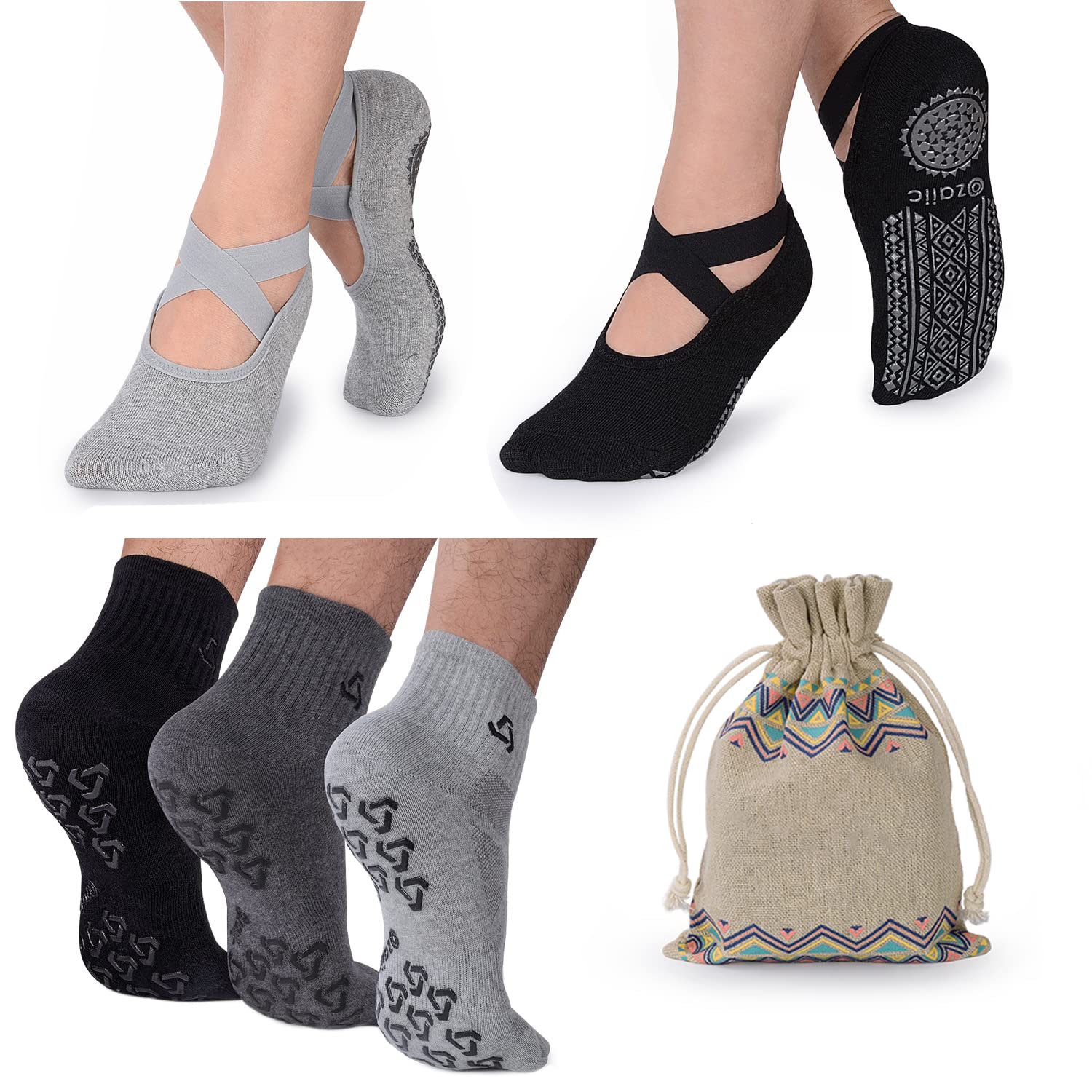 Ozaiic Yoga Socks for Women&Men Non-Slip Grips & Straps, Ideal for Pilates, Pure Barre, Ballet, Dance, Barefoot Workout, fitness Slipper Hospital Socks with Grips