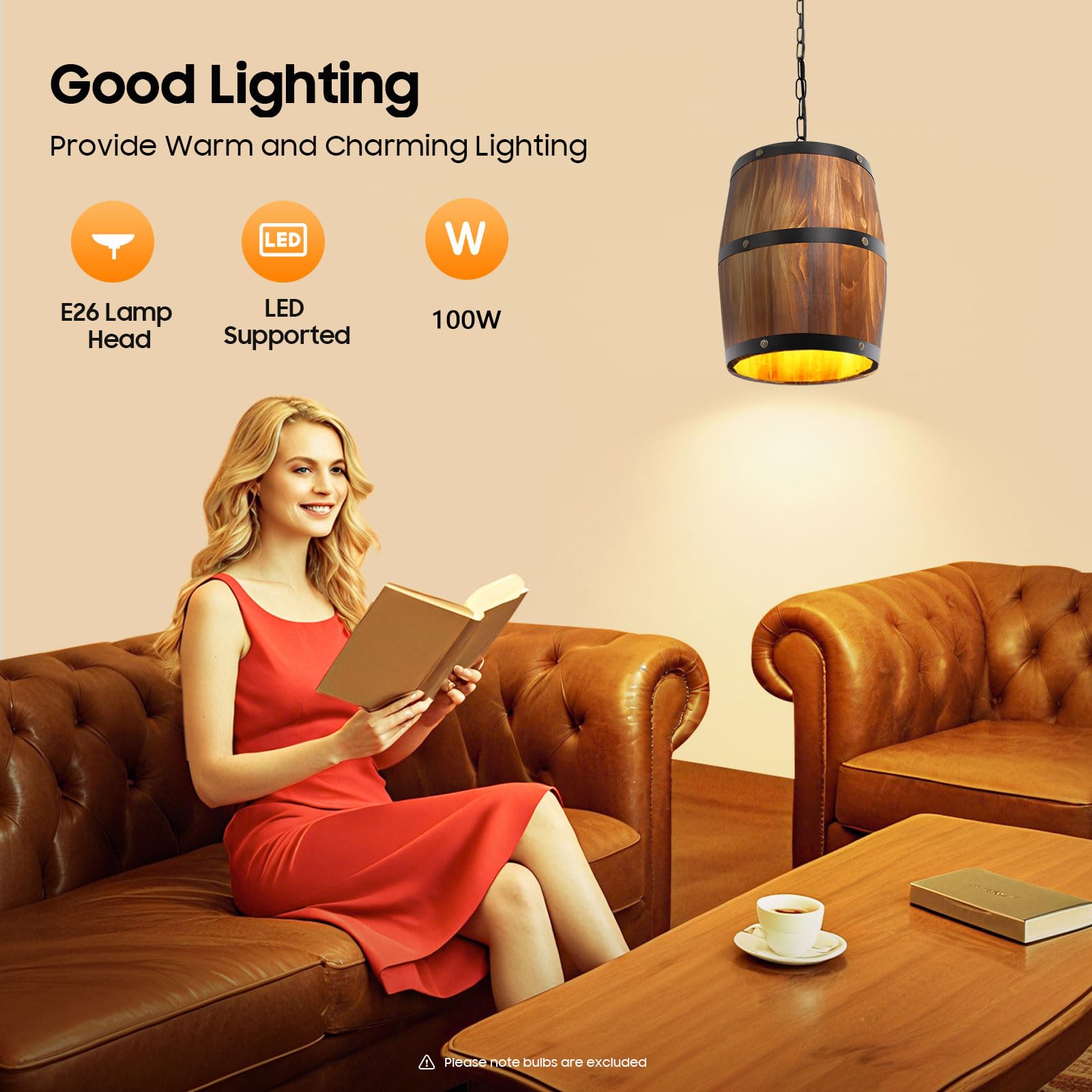 Lampa wisząca w stylu vintage, drewniana beczka na wino, lampa sufitowa, lampa wisząca, lampa wisząca, kawiarnia, bar, atmosfera retro, 24 x 24 x 30 cm