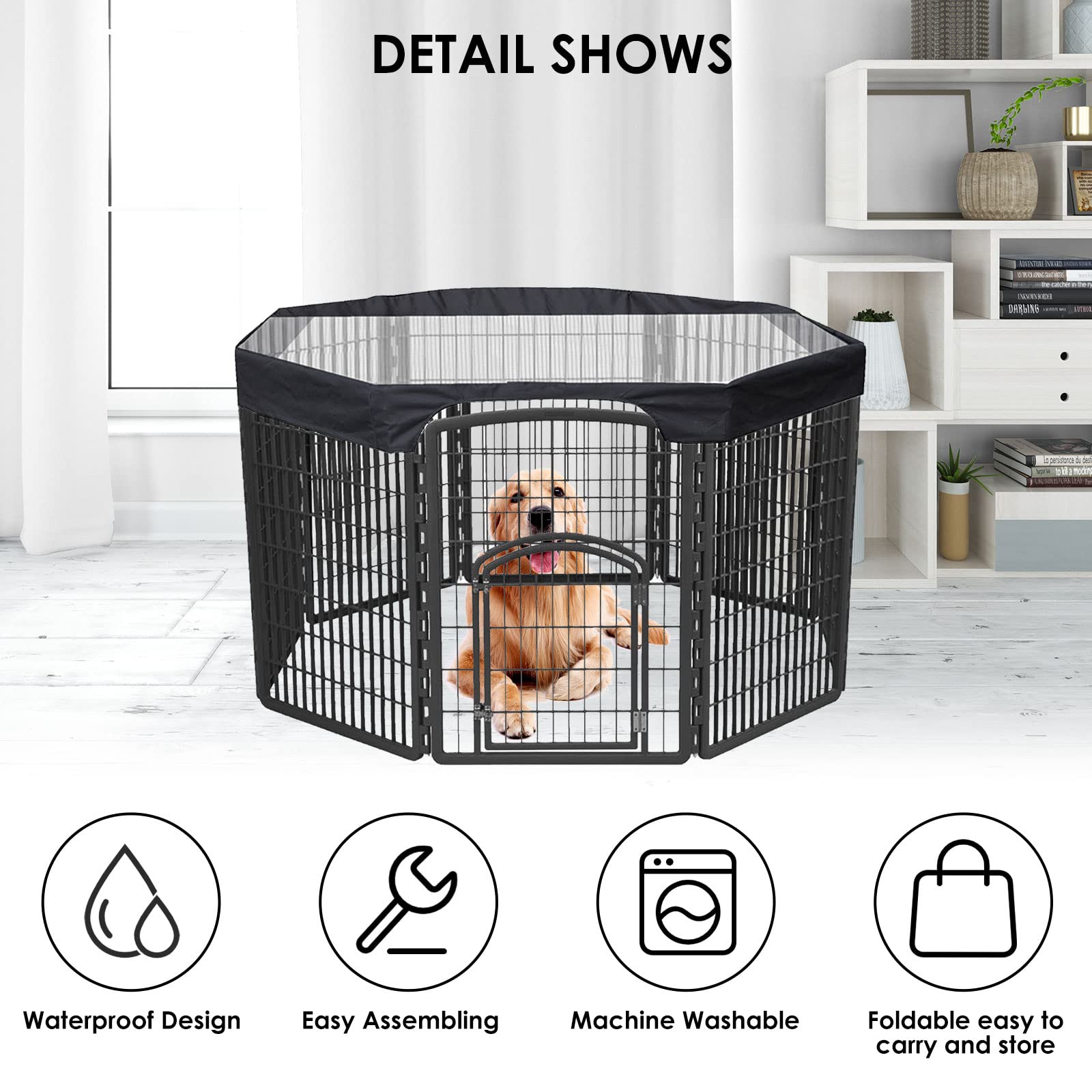 iFCOW Housse de parc pour chien de 61 cm - Housse supérieure résistante au soleil et à la pluie - Pour parc extérieur à 8 panneaux