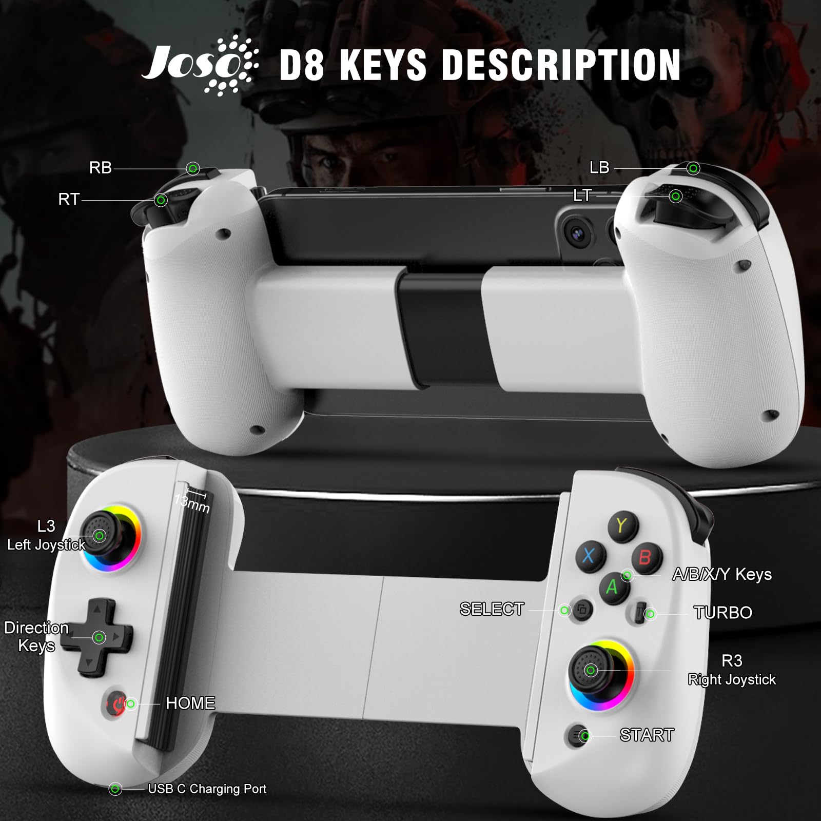 Joso Phone Controller für iPhone/iPad/Android/Tablet, D8 Controller für Switch/PS/PC mit Halleffekten Joysticks Play COD, Genshin Impact, Android Controller Support Cloud Gaming/Remote Play - Weiß